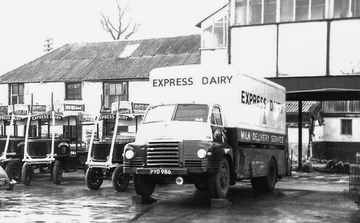 1955 West End Farm, Northolt. Dave Fane comments "PYO 986 is fleet number 1798, new in 1955. Think it is up on the blocks so the milk will roll to the back on rollers to be unloaded. Horse carts on left side. (Courtesy Paul Luke)