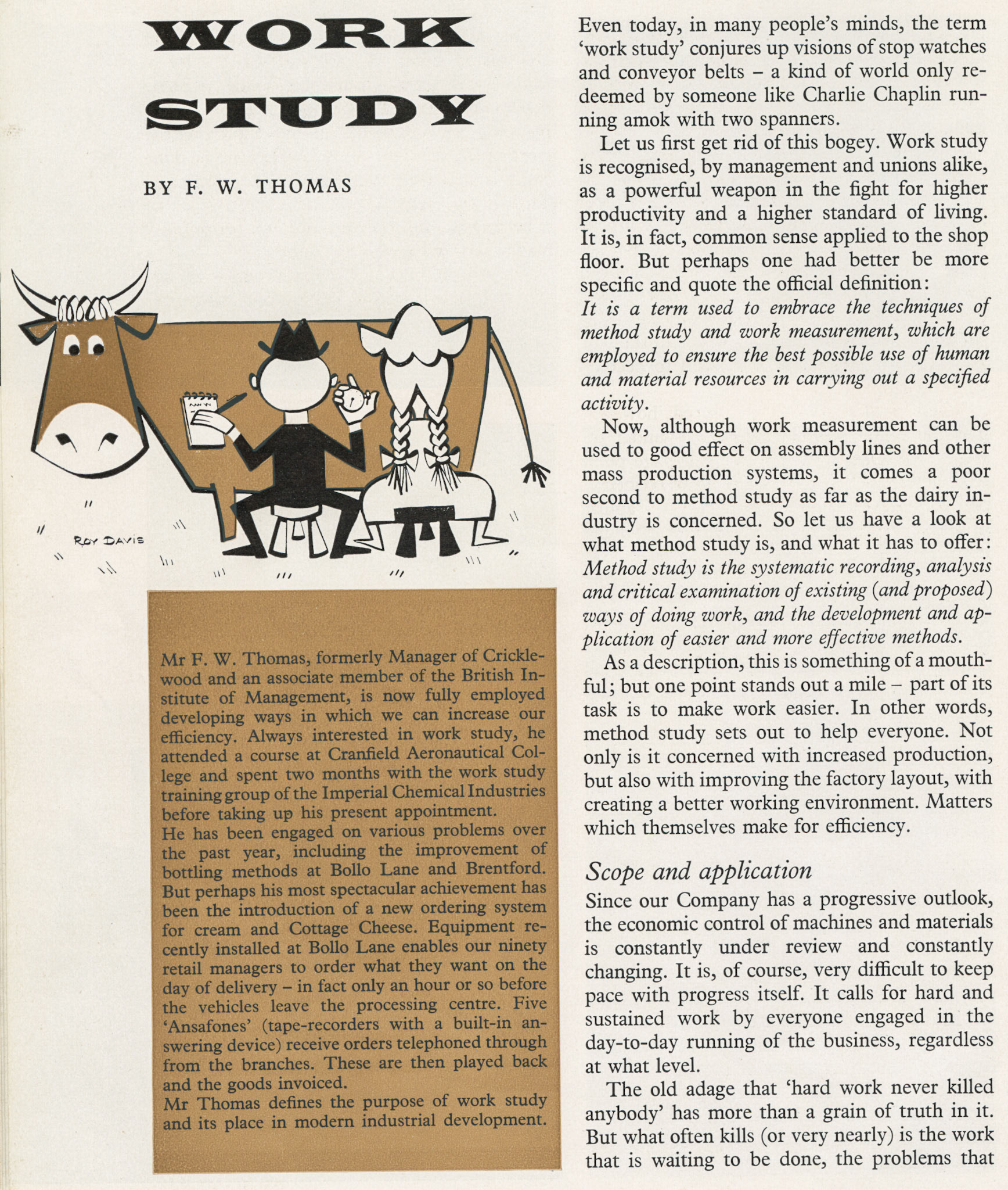 1959 Work Study Dept article by F.W. Thomas