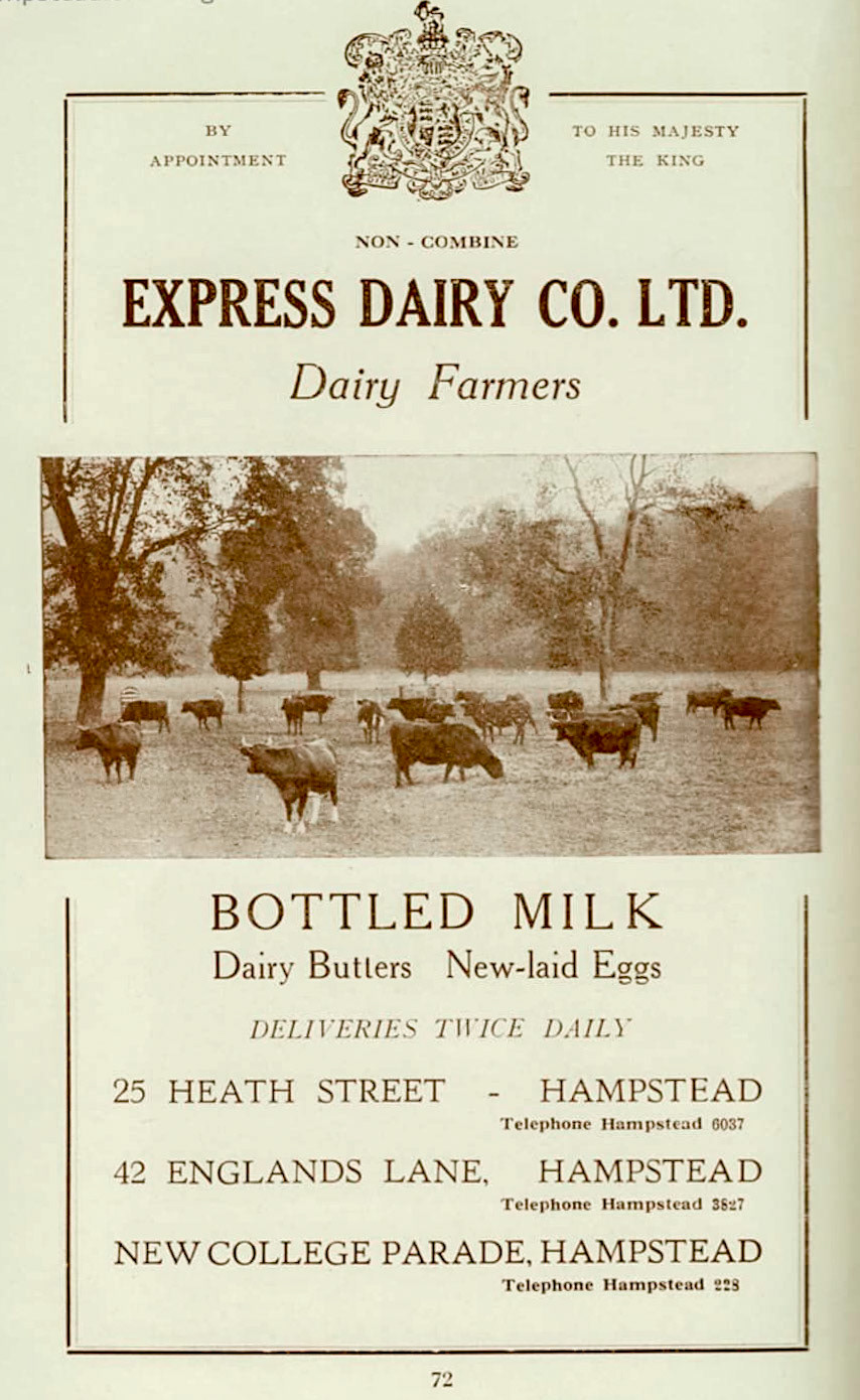 1929 Express advertisement in the Hampstead Official Guide. "The Express Dairy Co. Ltd. was formed in 1863 by George Barham as the Express County Milk Supply Company and, as the title suggests, Barham was amongst the first to exploit the ability of the railway to rapidly transport milk from country to urban areas, thus displacing urban dairy cattle owners and producers. In 1864 Barham purchased what was to become the Express Dairy Farm, College Farm, in East Finchley and it was reconstructed as a 'model dairy'. This was an early example of a public relations exercise and, as the advert shows, visitors were encouraged with such facilities as a tea room. In 1884 College Farm pioneered the packaging of milk in glass bottles and in later decades work to introduce tuberculosis testing and milk cartons took place here. The farm was purchased by the Department of Transport to allow for widening of the North Circular Road and in 1974 production ceased and the last cows went. The farm has largely stood derelict since then, albeit there was a strenuous local campaign and trust to ensure the farm and its Listed Buildings survive." (Courtesy Paul Simm)
