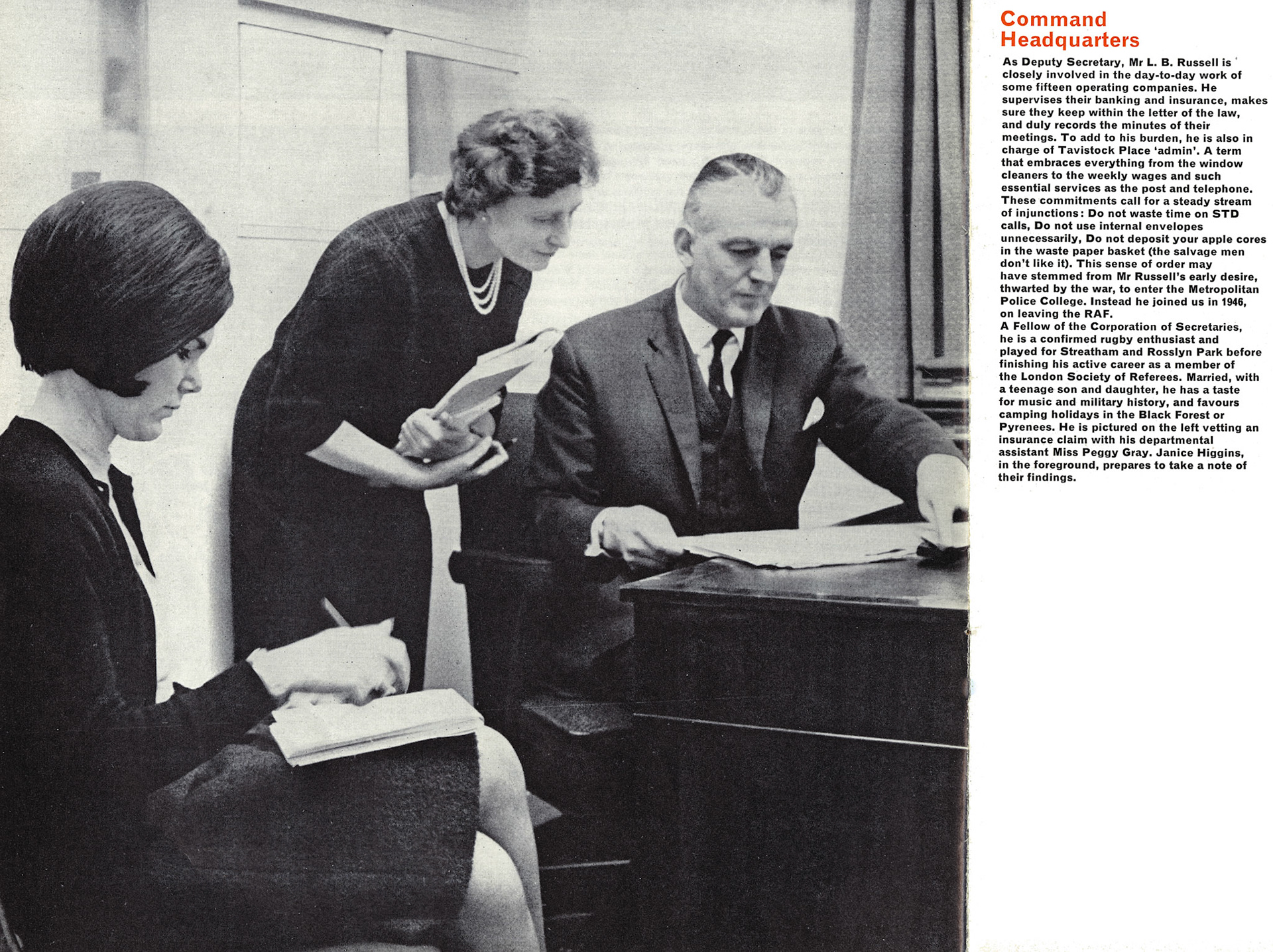 1966 L.B. RUSSELL-Chief Office, Tavistock Square-Mr LB Russell (Deputy Company Secretary) with Miss Peggy Gray and Janice Higgins taking notes.