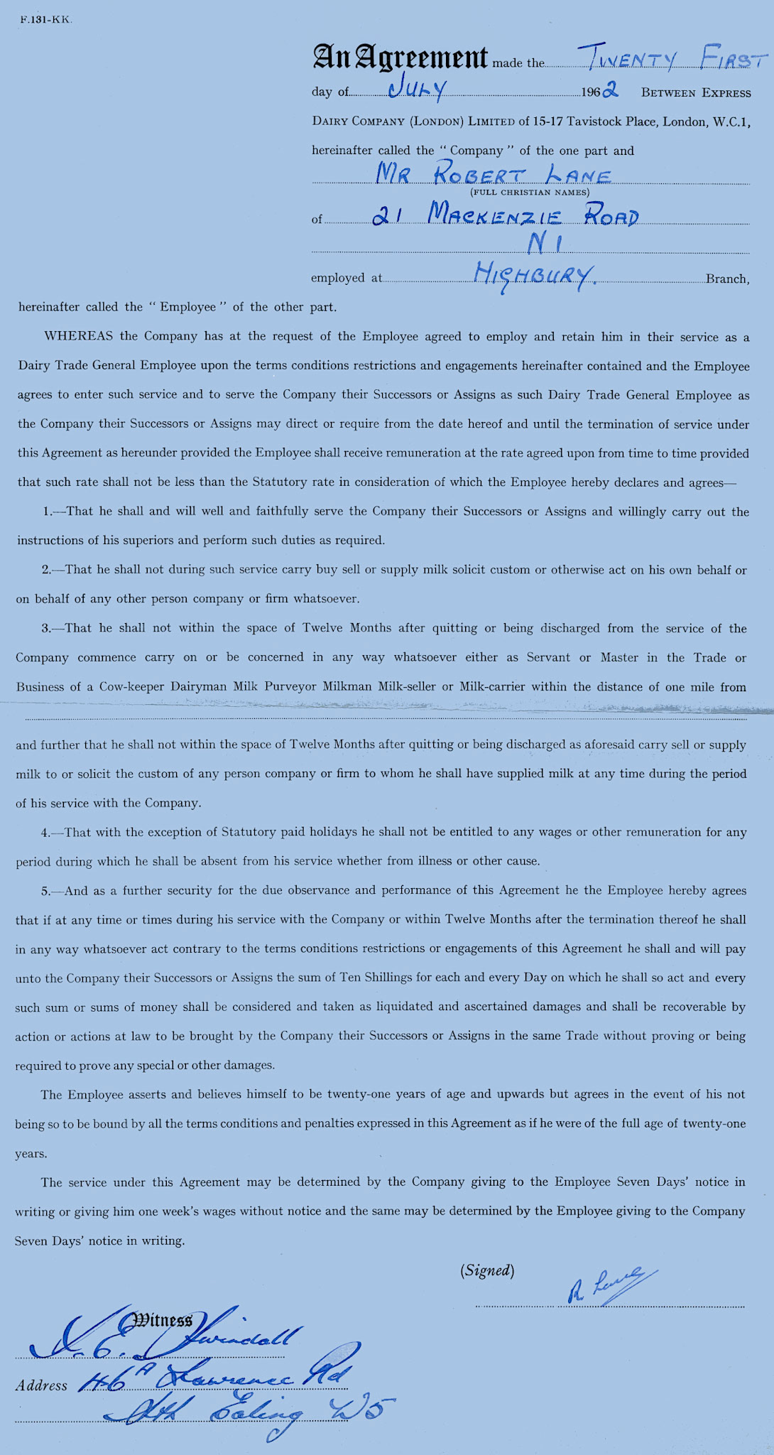 1962 Highbury-Contract with new milkman Robert Lane. (Courtesy Mark Hudson)