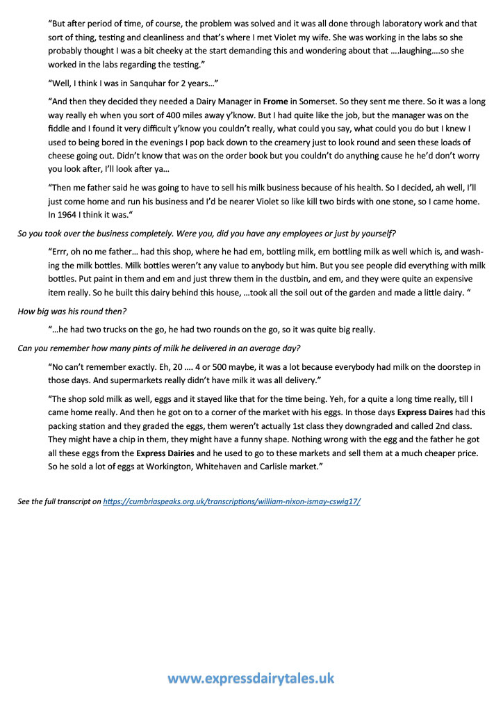 1950's-1960's Wigton Egg Packing and Express Dairy recollections of William Nixon Ismay, who worked at many Express sites. (Express Dairy Tales publication)