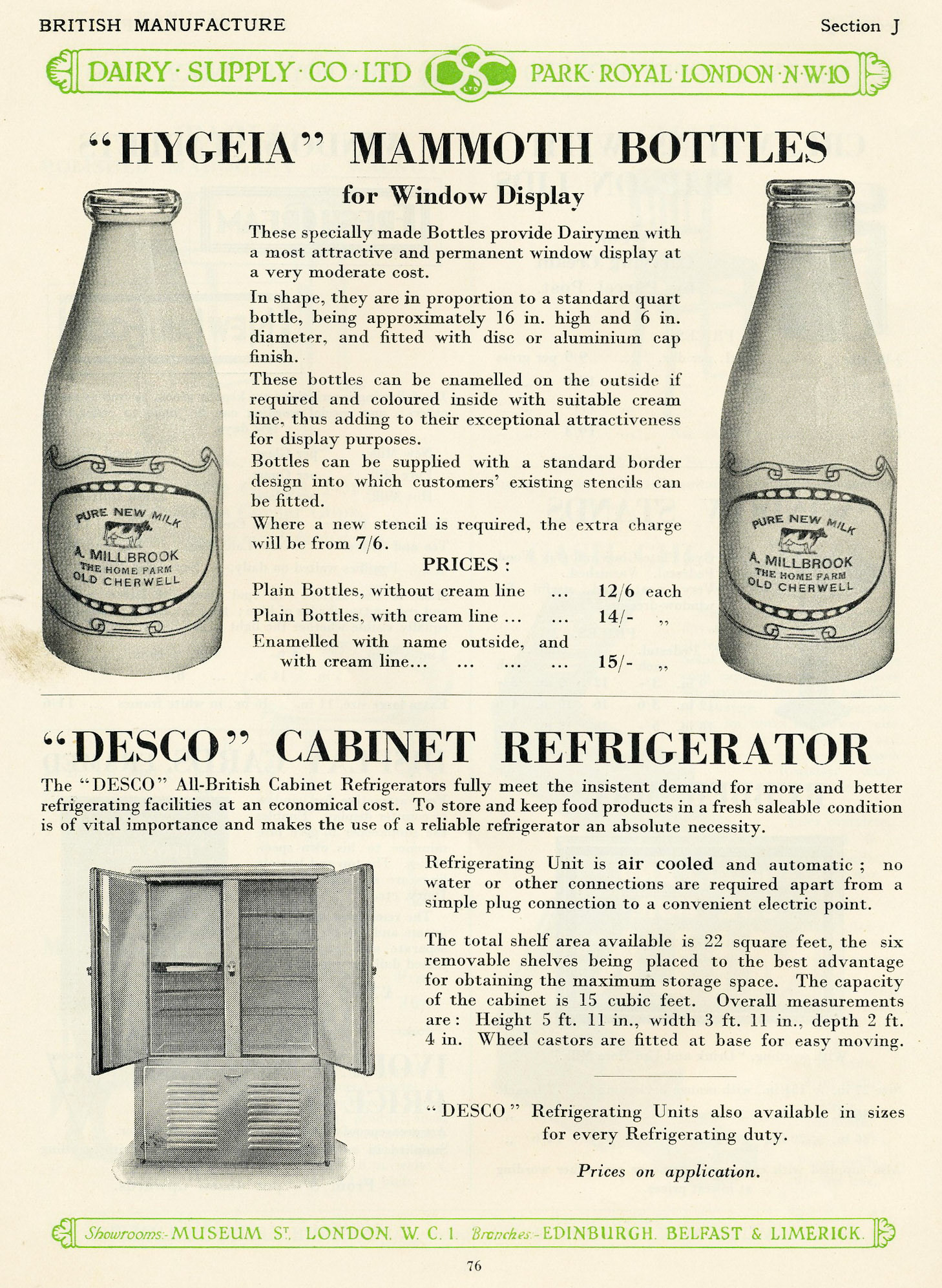 1900's Dairy Supply Company catalogue-Bottles and Refrigerator. After George Barham's death in 1913 the Dairy Supply Company was headed by Arthur Barham. (Courtesy Paul Smith)