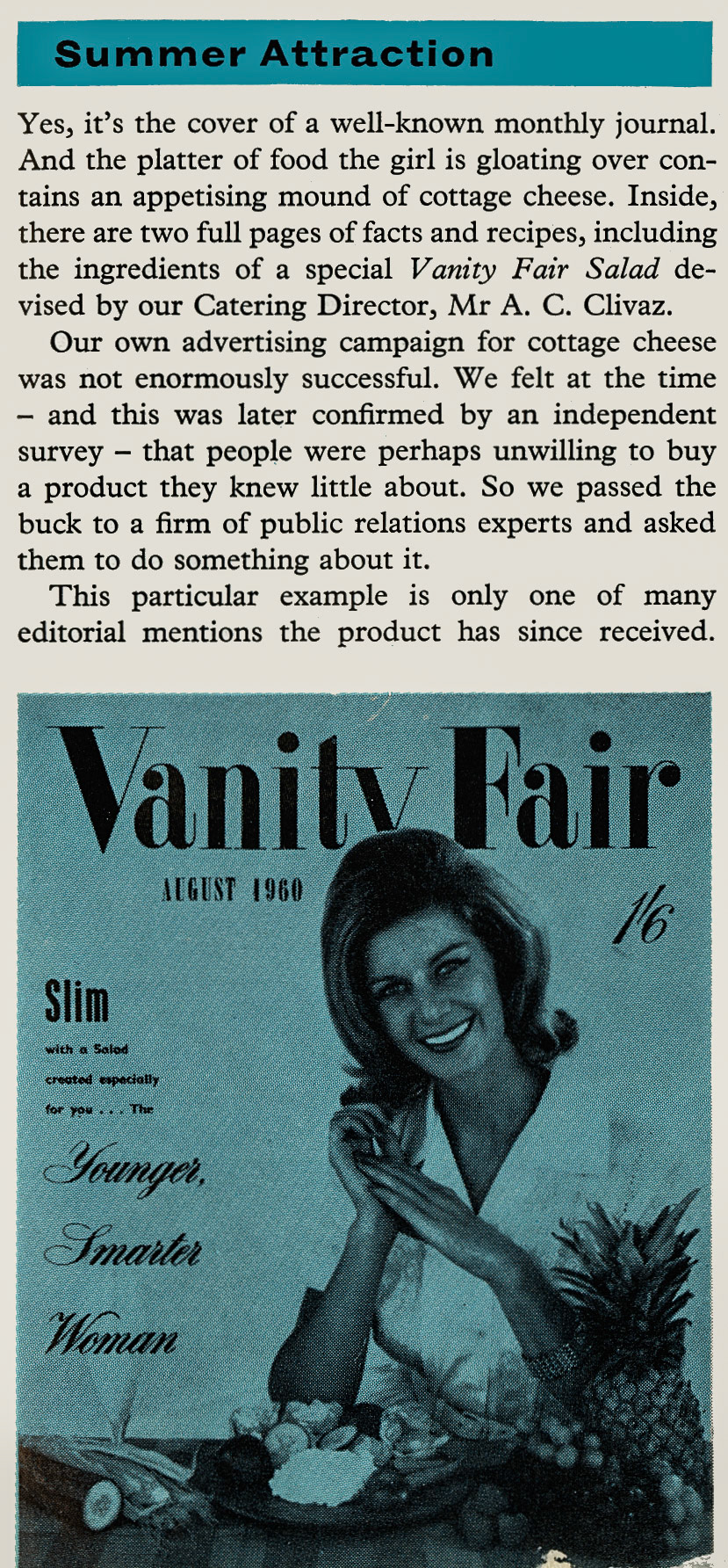 1960 'Vanity Fair' magazine promotes Cottage Cheese. (Express News Autumn)