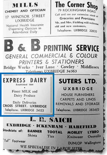 1950's? Street Directory entry for Express Dairy Uxbridge in Cross Street. (Courtesy Richard Gaylard)