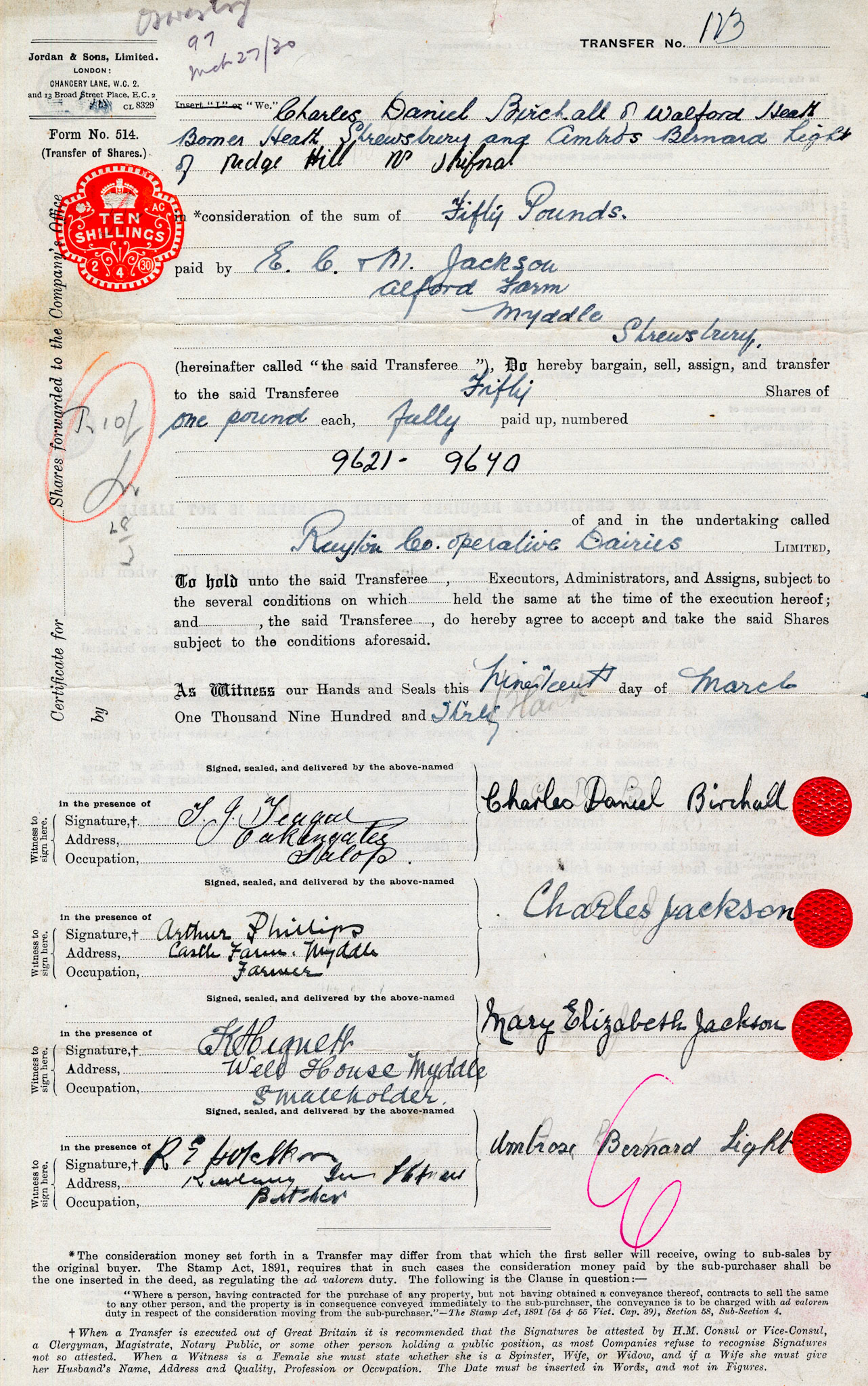 1930-Charles Daniel Birchall-Share Transfer Form