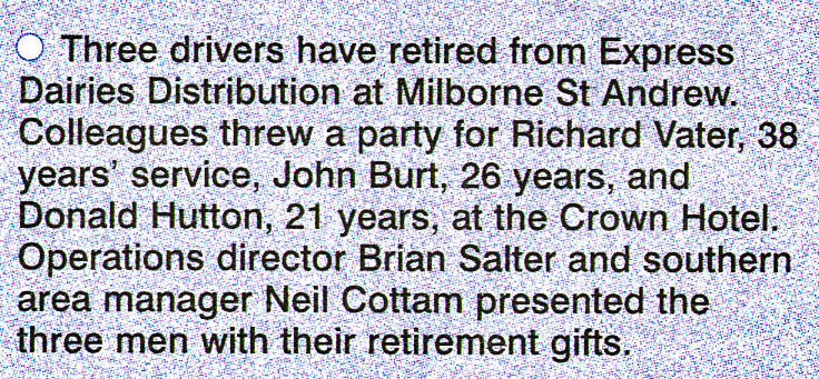 1999 Milborne drivers Richard Vater, John Burt and Donald Hutton retire. (Express News October, courtesy Paul Luke)