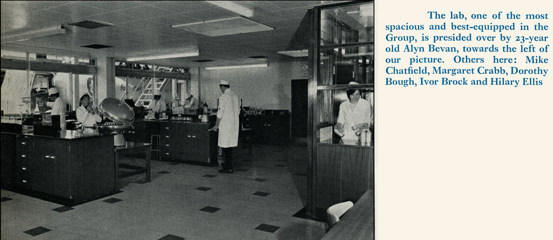 1969 Honiton Creamery Laboratory, with Alyn Bevan, Mike Chatfield, Margaret Crabb, Dorothy Bough, Ivor Brock and Hilary Ellis. (Express News Christmas)