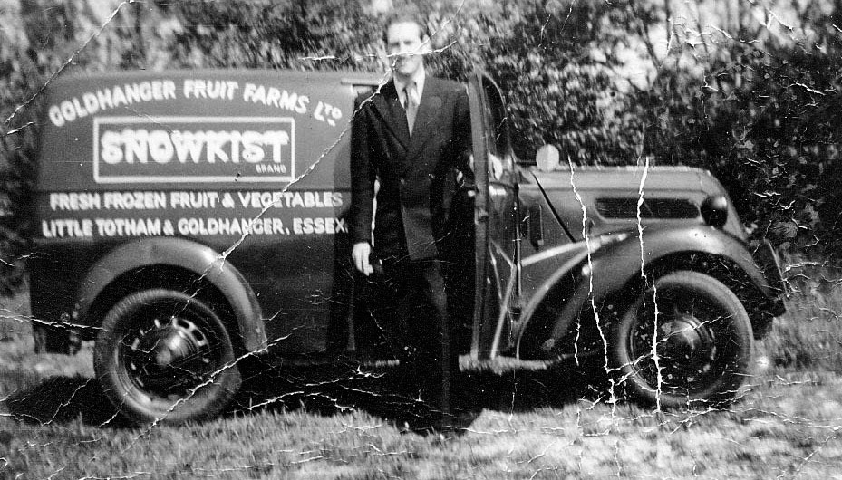 1940s? Peter Seaborn with one of the first vans Jack Cohen had for the business, which was first called Snowkist. (Courtesy Karen Tuke, Tolleshunt Major in Words and Pictures old Photos on Facebook)