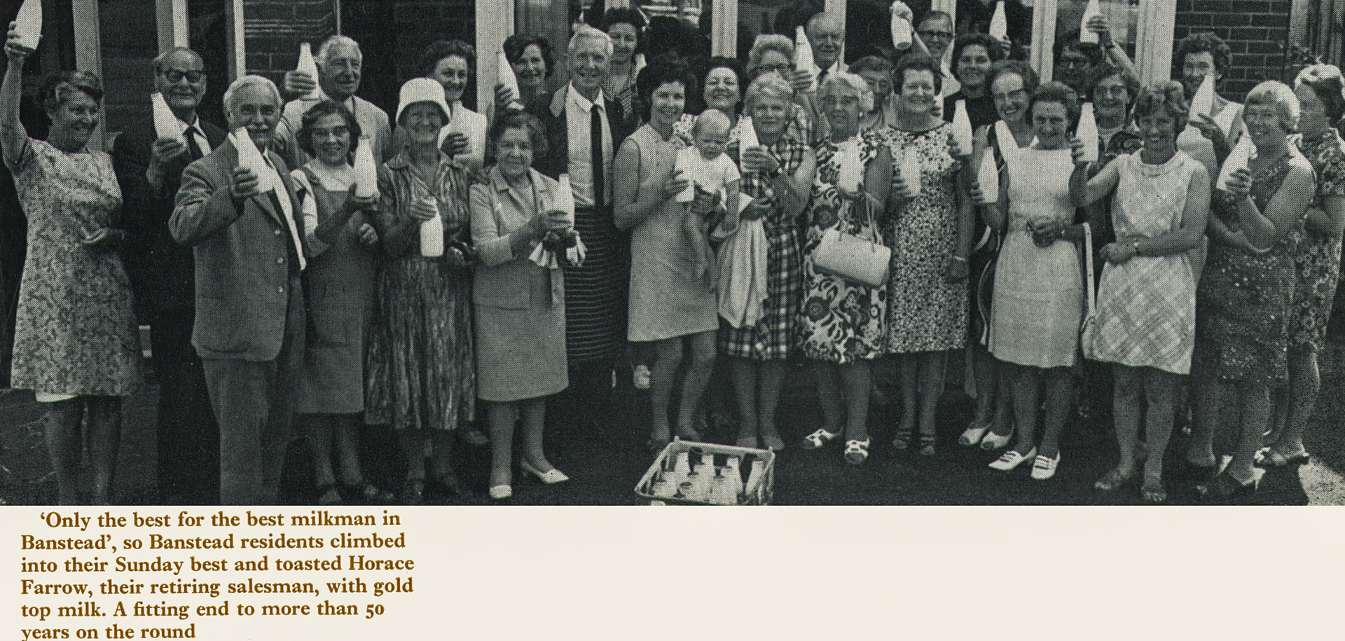 1973 Banstead milkman Horace Farrow is toasted in milk after more than 50 years on the round. (Express News Autumn)