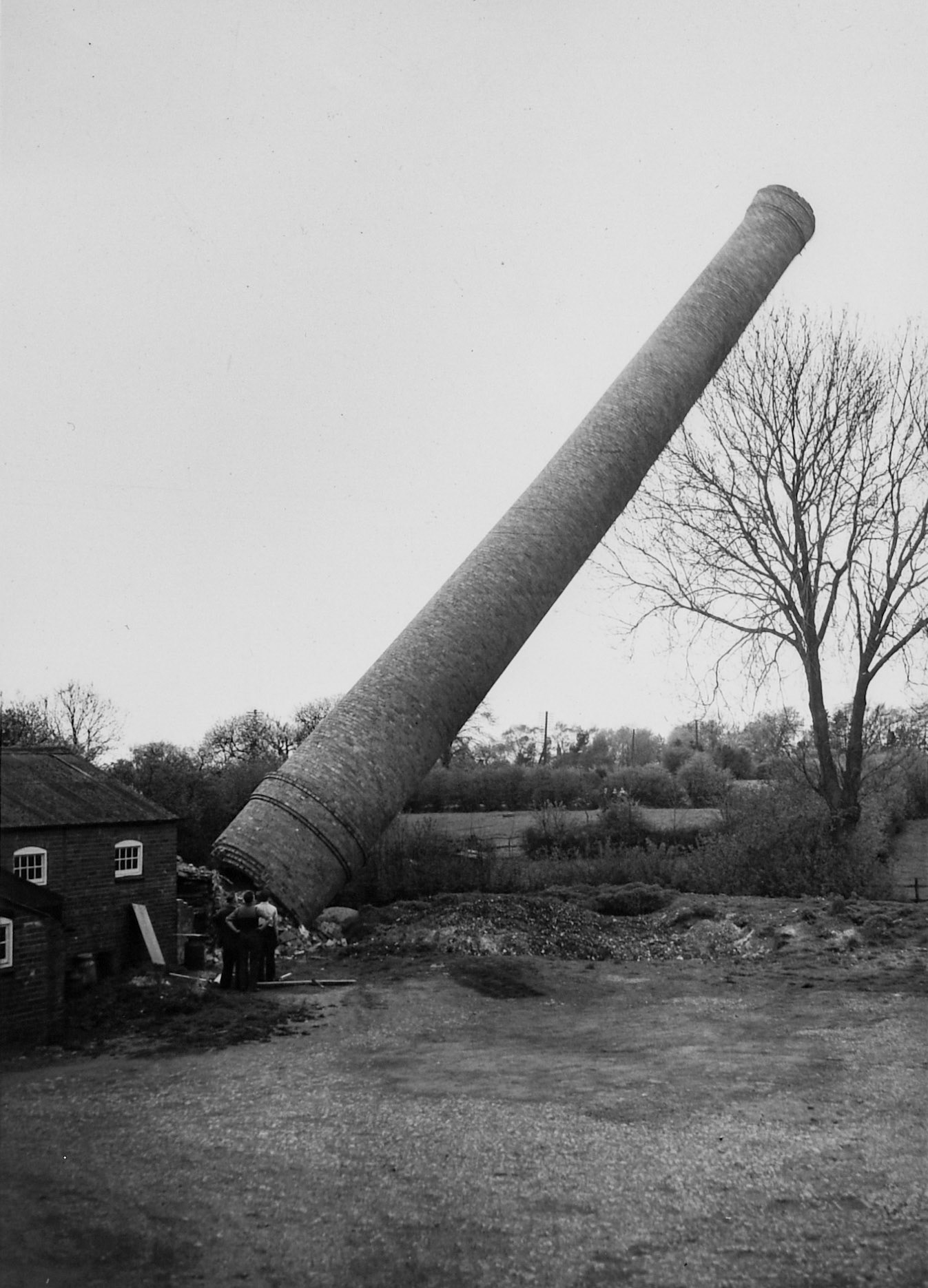 1950's Rowsley Dairy chimney demolition. (Courtesy Derbyshire Record Office, donated in March 1985; they had previously belonged to the donor's father, who was an electrical engineer with the dairy.)