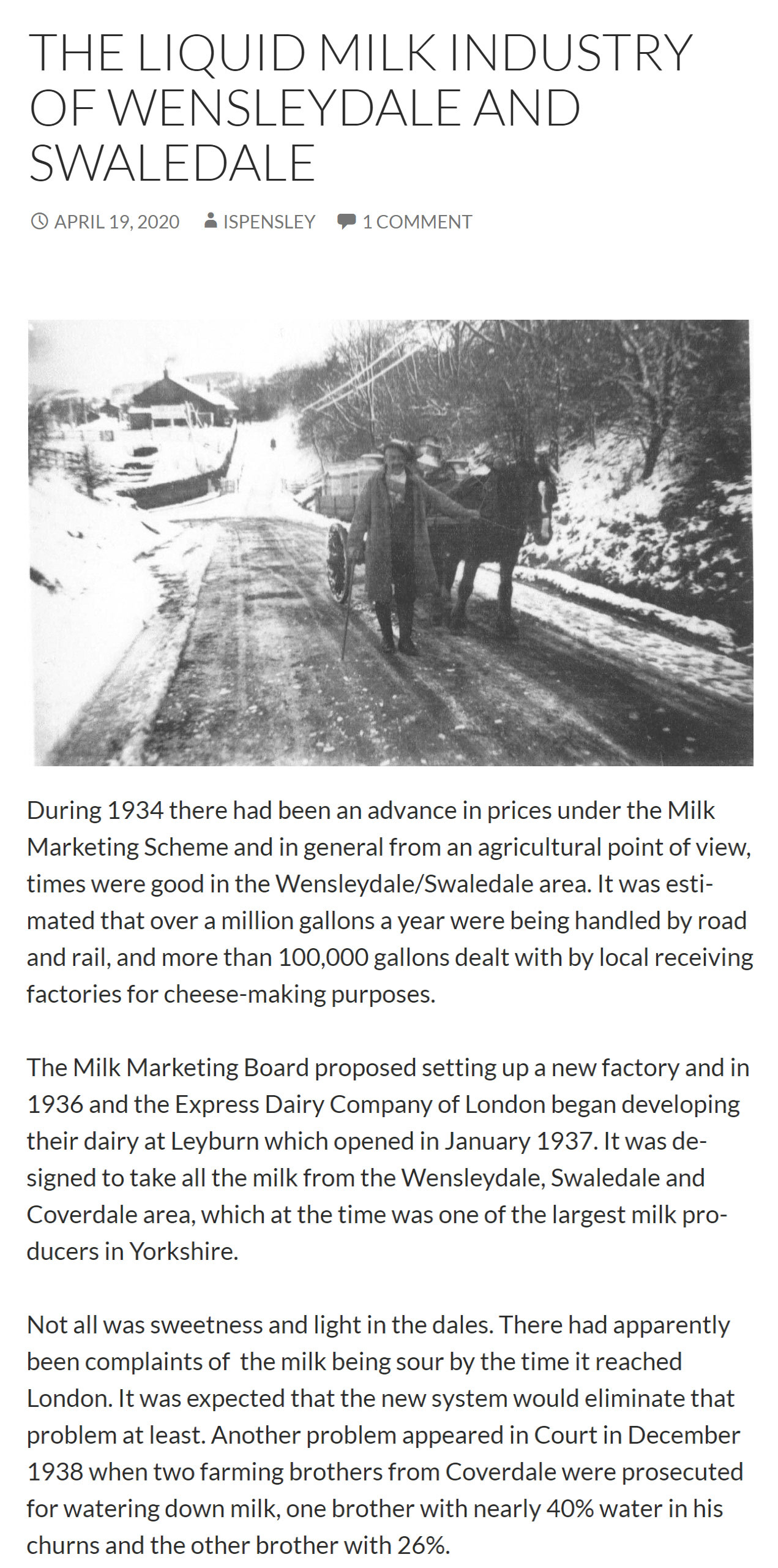 Leyburn Creamery opemed in 1937-Article from 'The liquid milk industry of Swaledale'