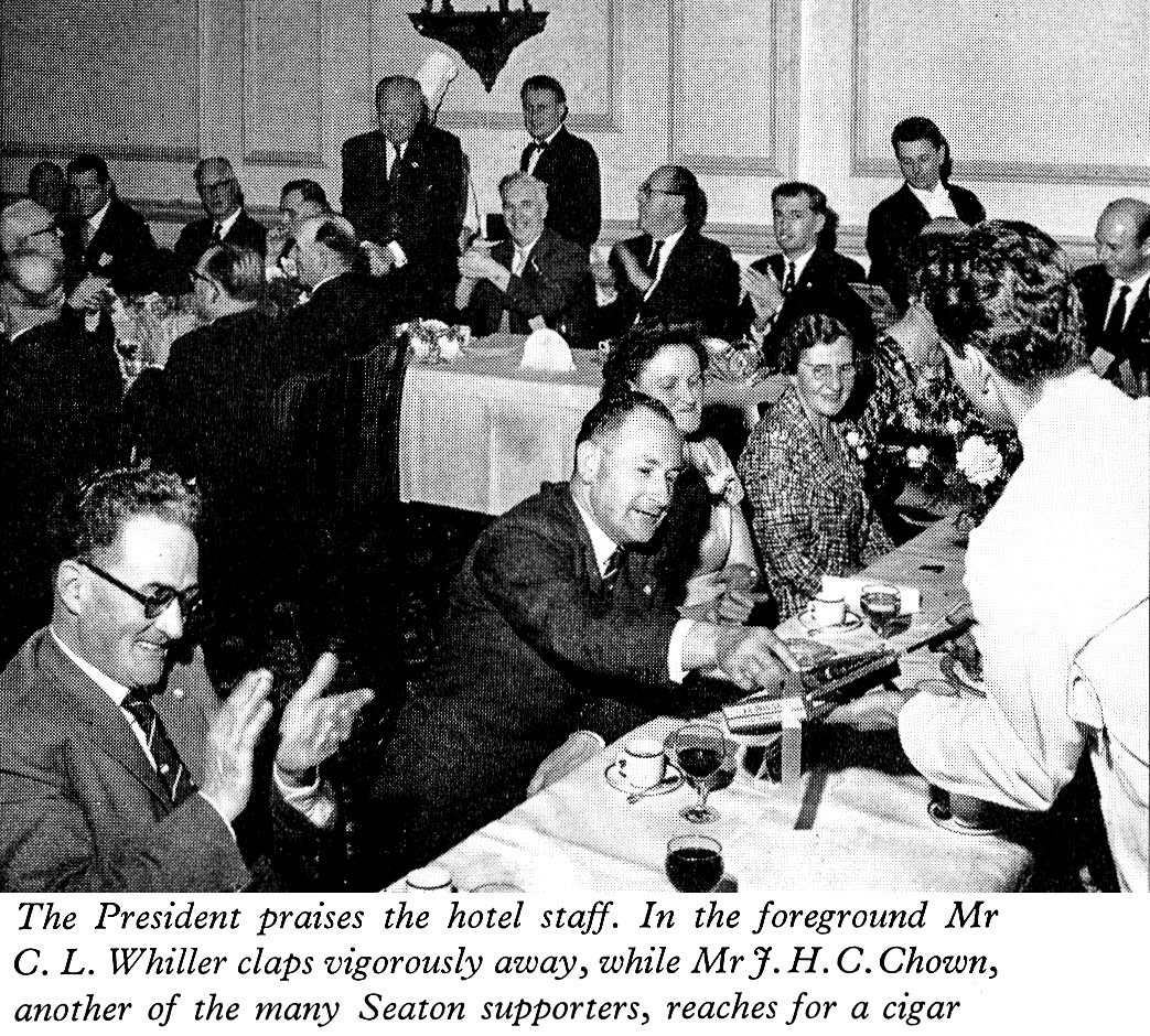 1961 Long Service Dinner at Exeter, with Seaton Junction staff Mr C.L. Whiller and Mr J.H.C Chown in the foreground. David Amos comments "My Grandfather was Cecil Lewis Whiller." (LSA Annual Review)