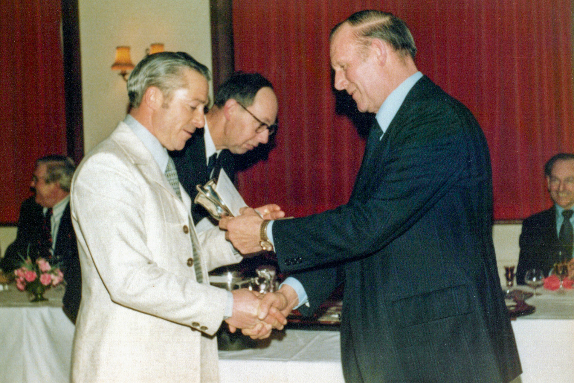 1980's Minsterley Bowling Club. Kevin Williams identifies Gordon Edwards, Rob Leheman, Bert Evans. (Courtesy Joe Lyons)