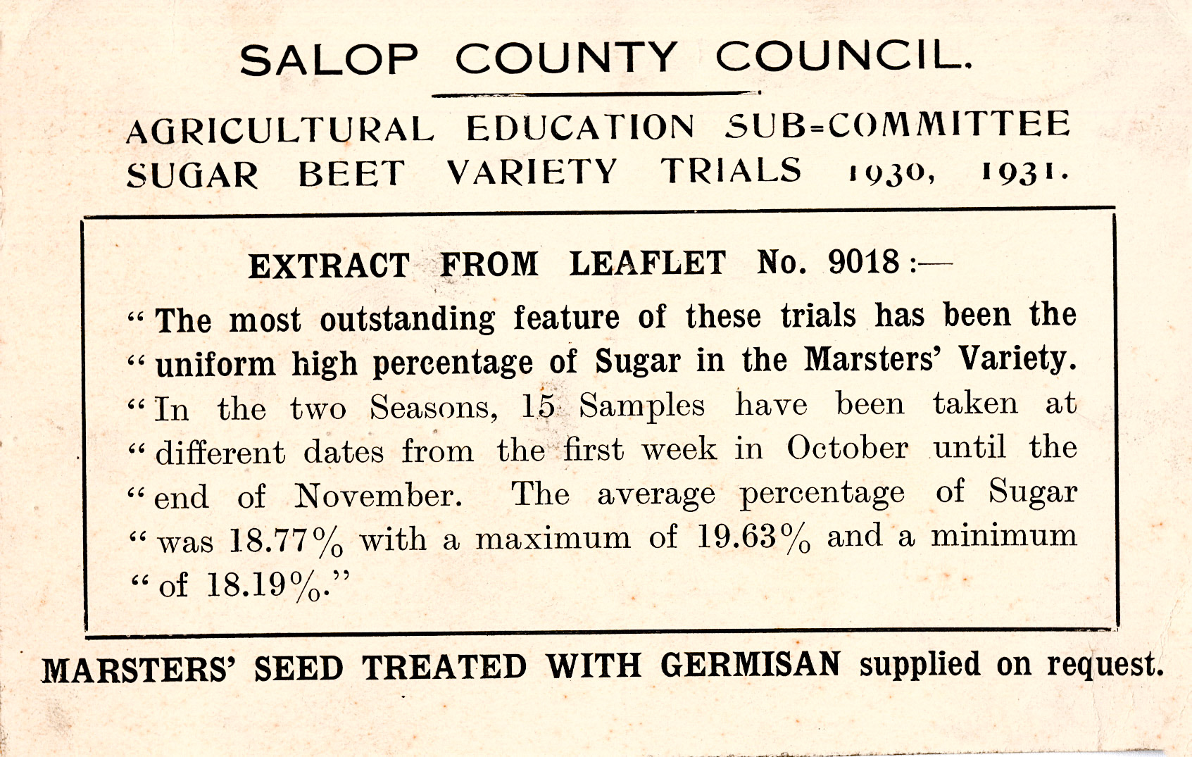 1932 advertising postcard to Mr Gittins for sugarbeet seed from Allscott Factory, Wellington, Shropshire.