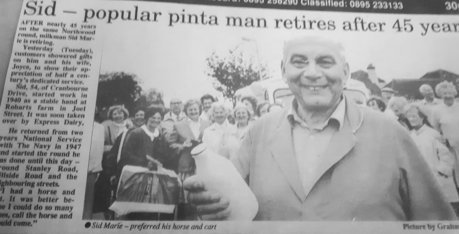 1991 Sid Marie retired after 50 years delivering milk in Northwood Hills and his customers surprised him on his last day with a presentation. John Stonehill remembered a story from his father, also John "The first time Sid Marie went out delivering milk from Robart's farm, by the time he had finished going up and down the many side streets he had lost his bearings and wasn't too sure of the way home again.  He tried  to remember but the horse fought back and in the end he just let go of the reins and the horse set off at a brisk pace directly back to the farm." (John Stonehill, October 2024)(Courtesy Christine Kempster)
