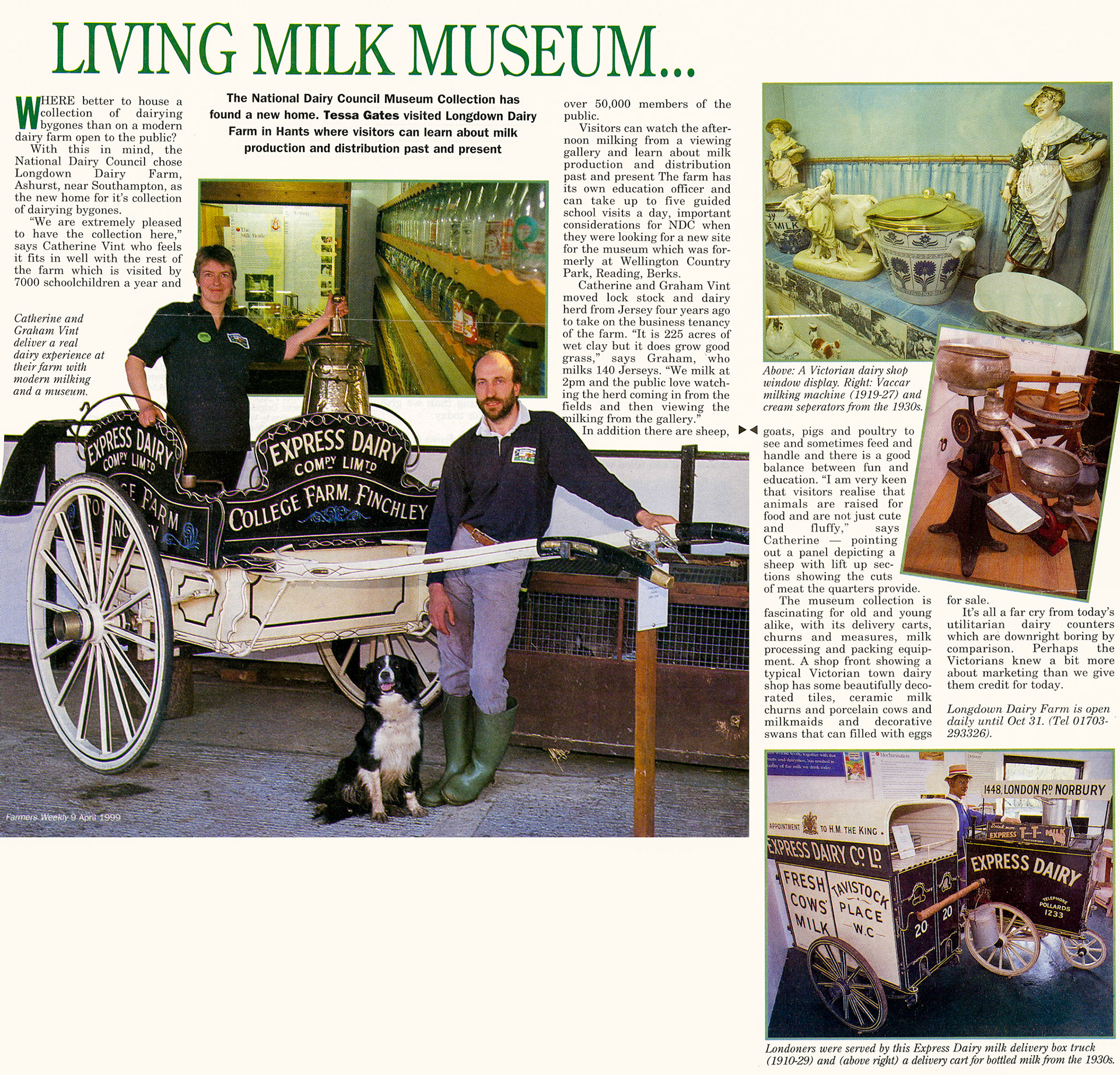 1999 April, Farmers Weekly article about the move of the NDC Museum to Longdown Dairy Farm, Hampshire. (Courtesy Paul Luke)