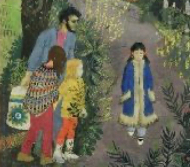 1974c Family Painting sent by Charlie Mason, who says ""A painting by my grandmother from around 1974 to 1976. In it is a character holding a plastic carrier bag with a logo that I remember very well. The painting is of my cousins in Hampstead, London." (Courtesy Charlie Mason)