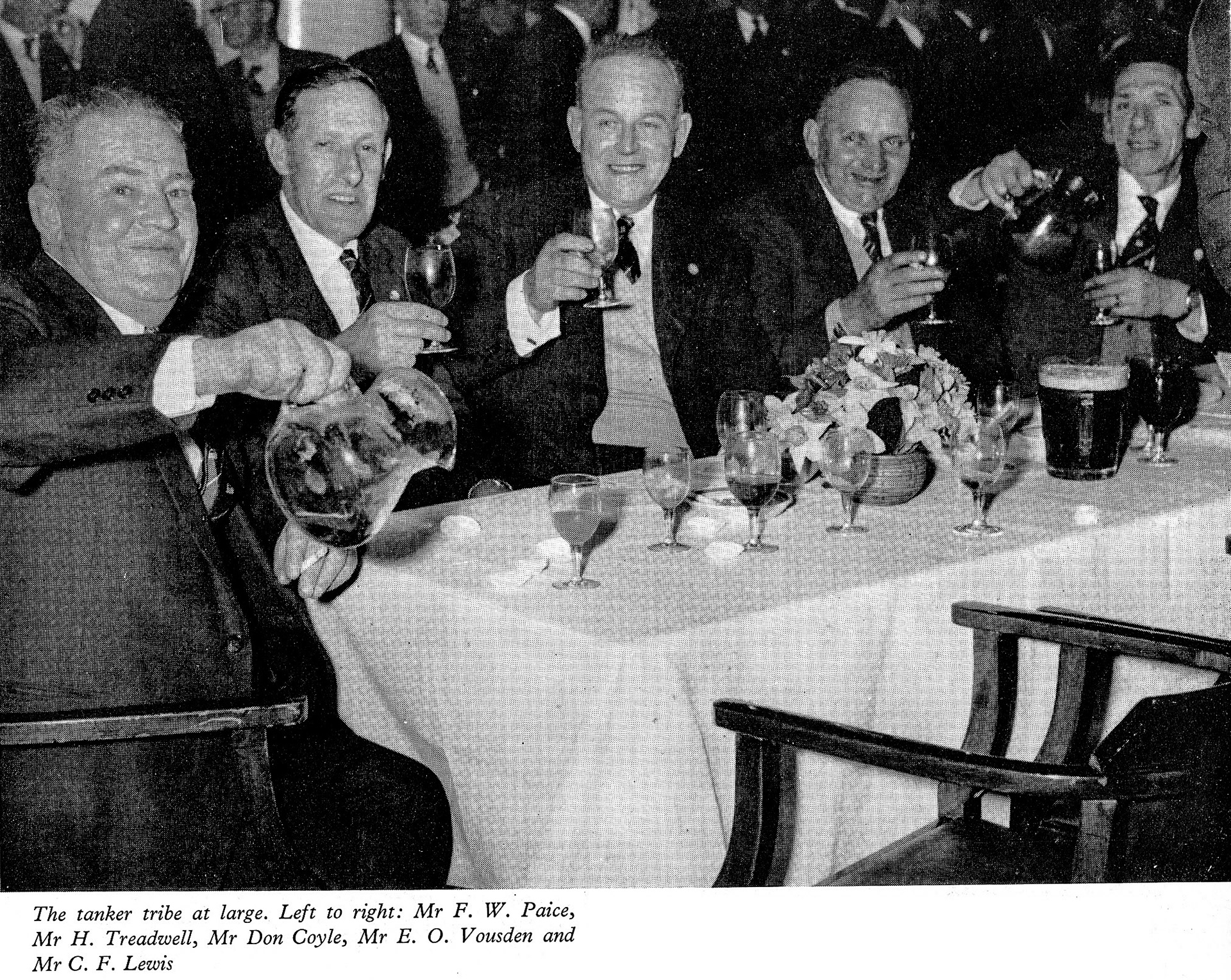 1961 Long Service Dinner at The Connaught Rooms, WC2-Tanker Drivers Mr F.W. Paice, Mr H. Treadwell, Mr Don Coyle, Mr E.O. Vousden and Mr C.F. Lewis. (LSA Annual Review)