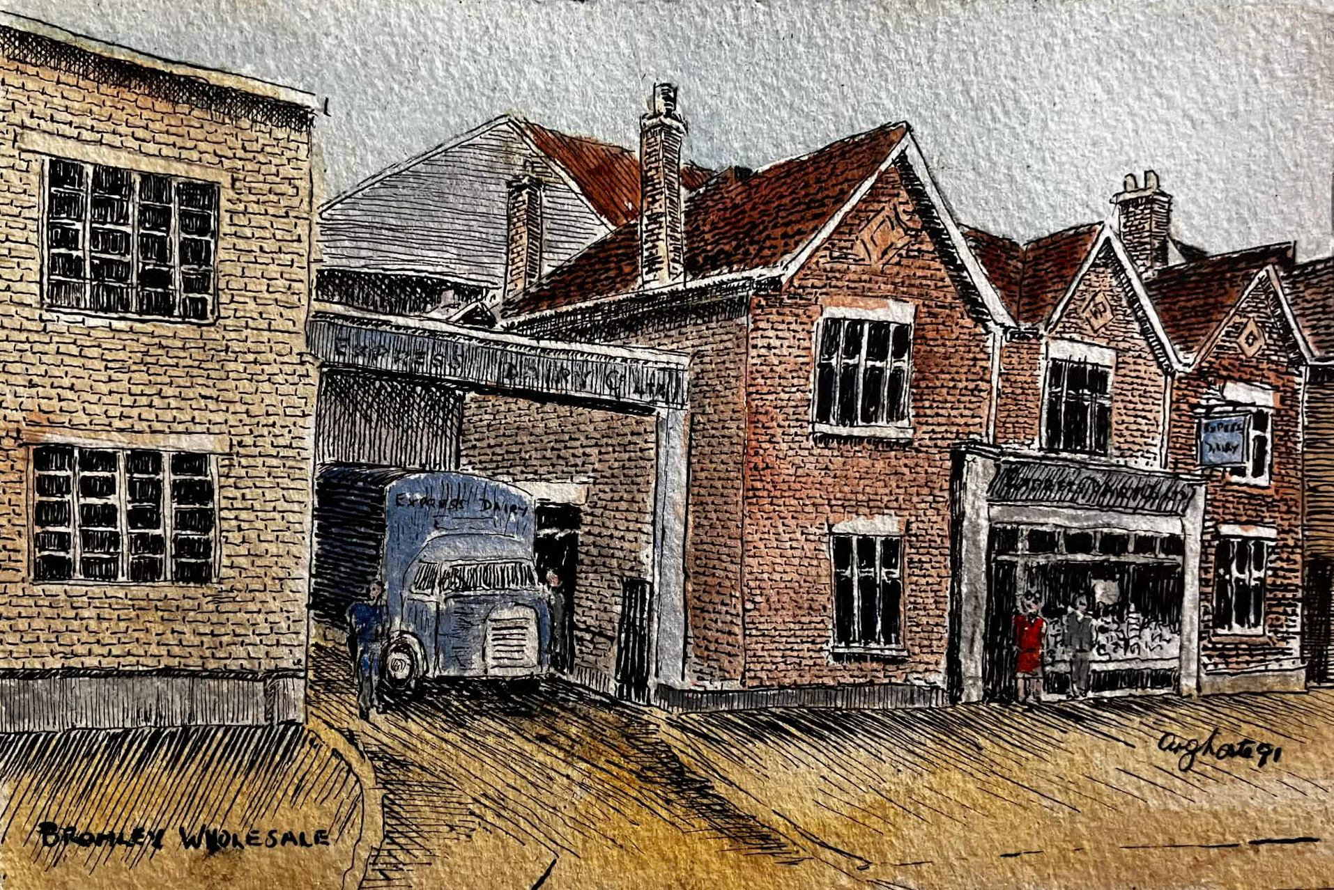 1962c Bromley Processing remembered in a lovely sketch with watercolour wash by Harold Burfield, retired Express Dairy driver titled 1991 'Bromley Wholesale' (Courtesy Burfield family album)