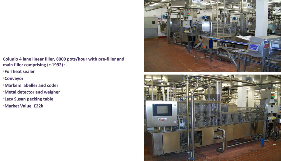 2012 Minsterley: Yogurt Processing &amp; Packing Equipment-Colunio 4 lane linear filling machine.   (Greencore Asset Sale on purchase by Muller, Courtesy Paul Bloor)