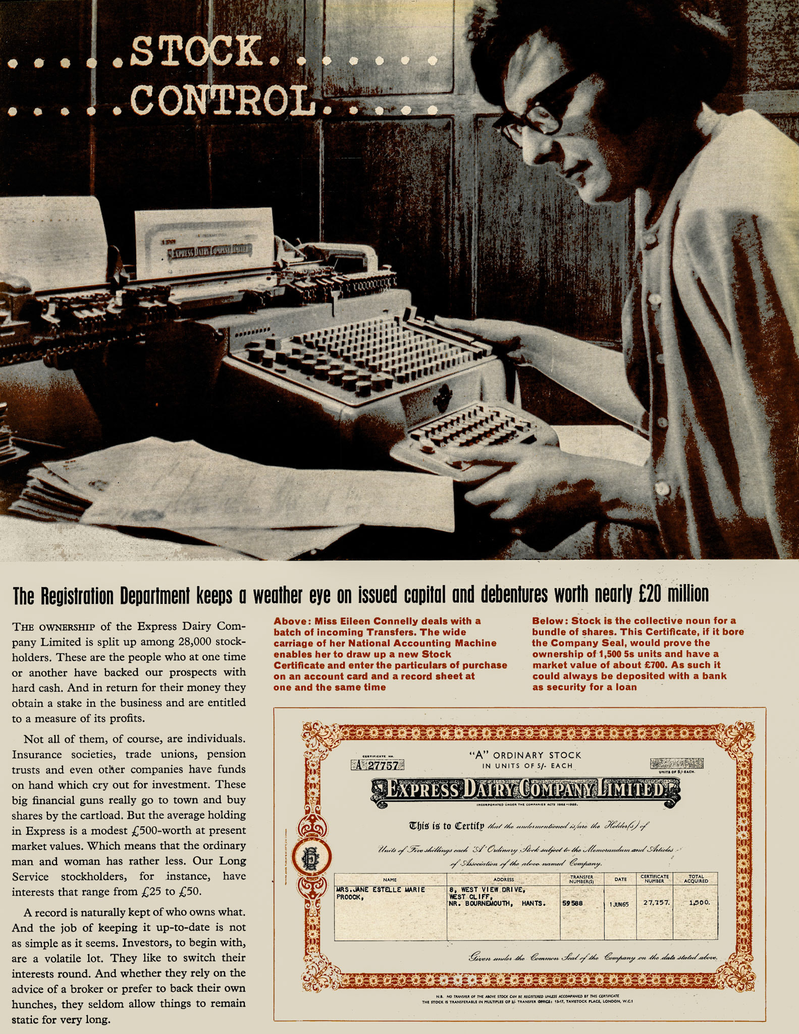 1965 Registrar's department looks after the interests of 28,000 shareholders. (Express News Summer/Autumn)