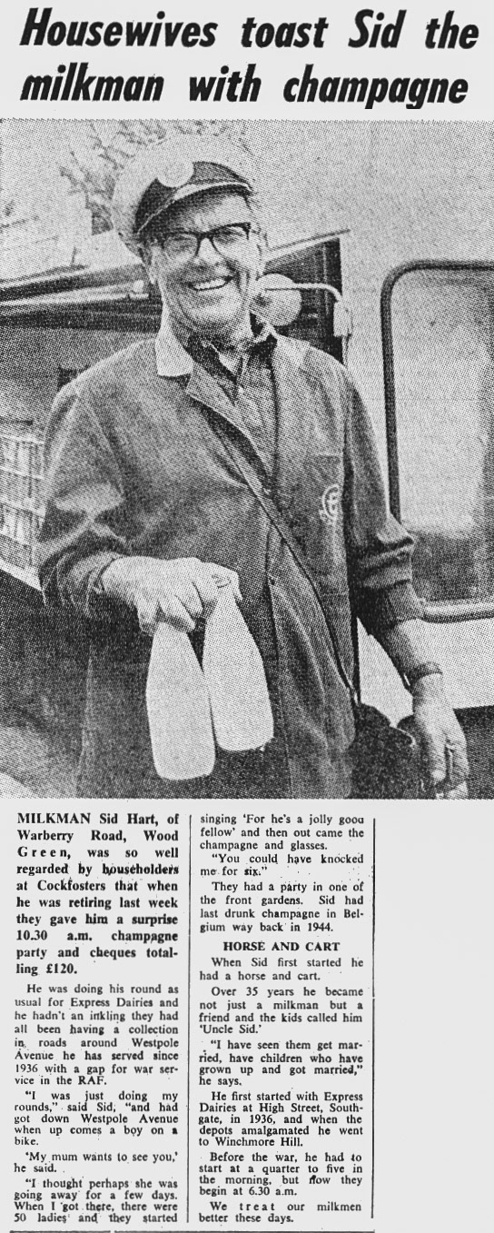 1971 Cockfosters milkman Sid Hart retires after 35 years. (Express News Christmas)