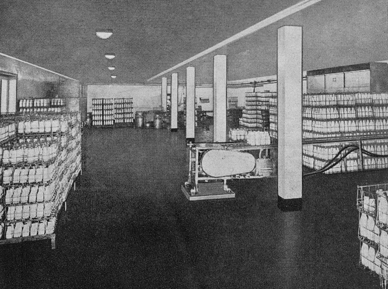 1957 Hammett's Dairies brochure extracts-wire crates in the cold store awaiting loading and despatch. (Courtesy Michael Mitchell)