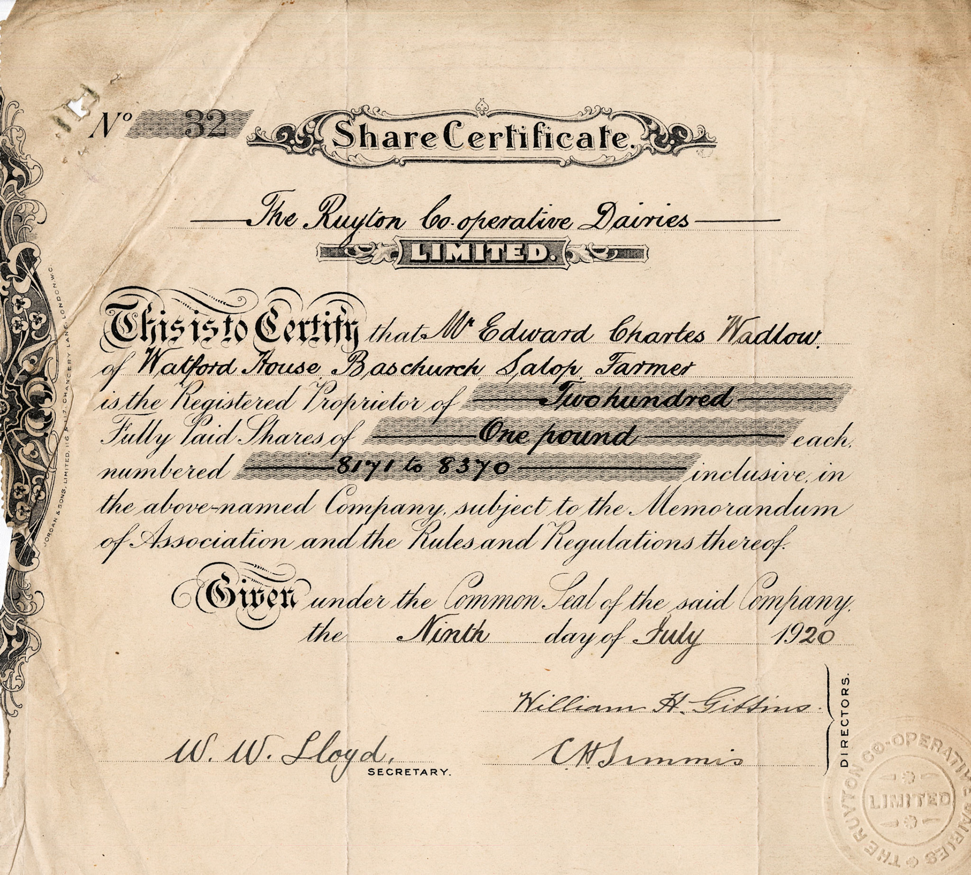 1920 Share Certificate-Mr Edward Charles Wadlow