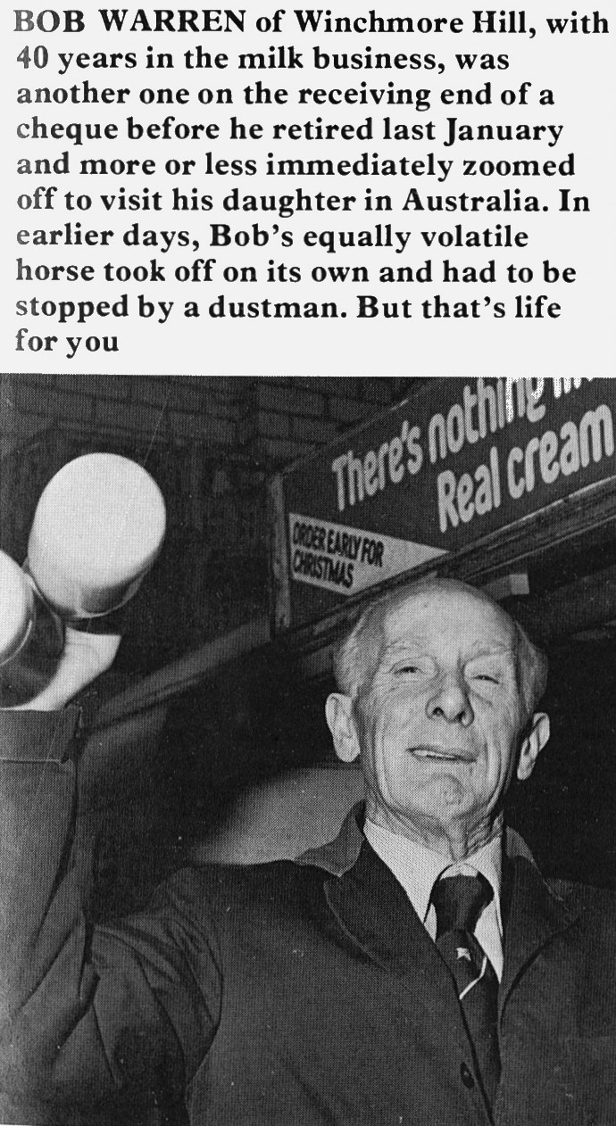 1978 Winchmore Hill milkman Bob Warren retires after 40 years. (Express News Summer)