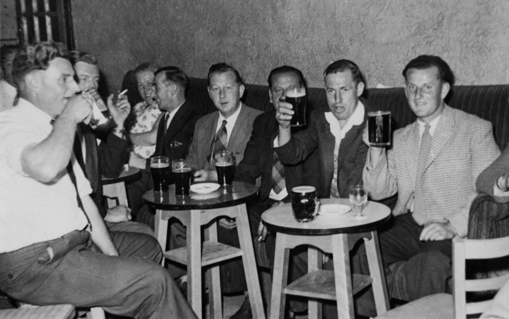 Pat Hignett comments "Man in middle, with tie, looks like Raymond Humphreys." Mike Challinor comments "I recognise George Lloyd and Ray Humphries, and is the chap on extreme right one of the Evans brothers from next to the Nag?" Others suggest Terry Goodwin, Alec ? and Dennis Jones. (Courtesy Joe Lyons)