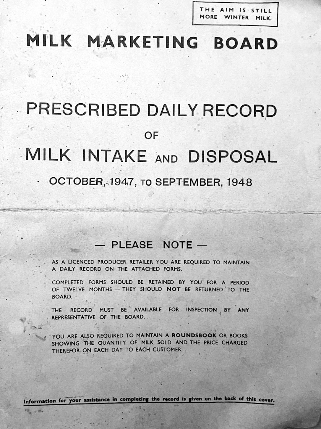1947-48 MMB Daily Milk Intake and Disposal Record, used by Producer Retailers. (Courtesy P Simmons Antiques, eBay)