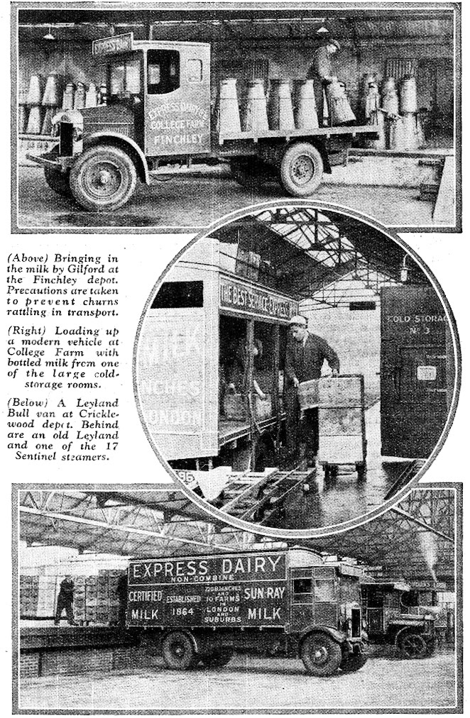 1931 'Commercial Motor' article-'Remarkable Road Transport operation of Express Dairy'. Gilford trucks at College Farm, Finchley, Leyland 'Bull' van at Cricklewood. (Courtesy Commercial Motor archive)