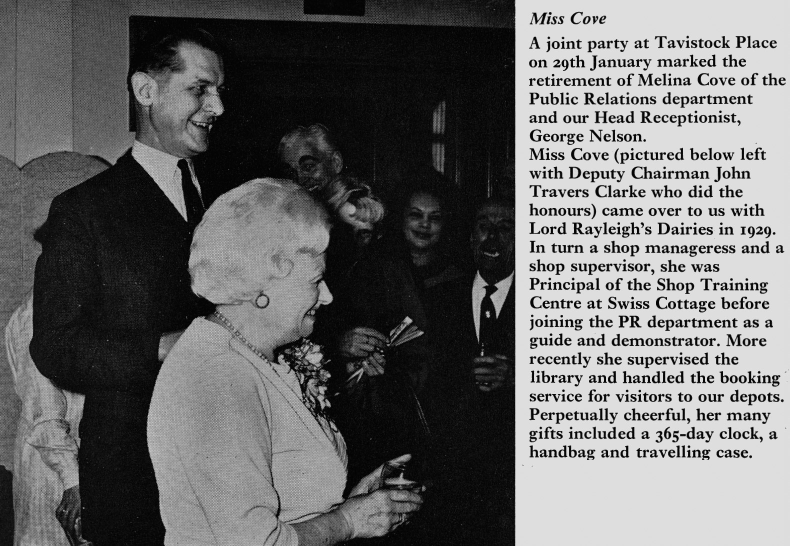 1970 Tavistock Place retirement of Melina Cove (Public Relations department)  (Express News Spring)