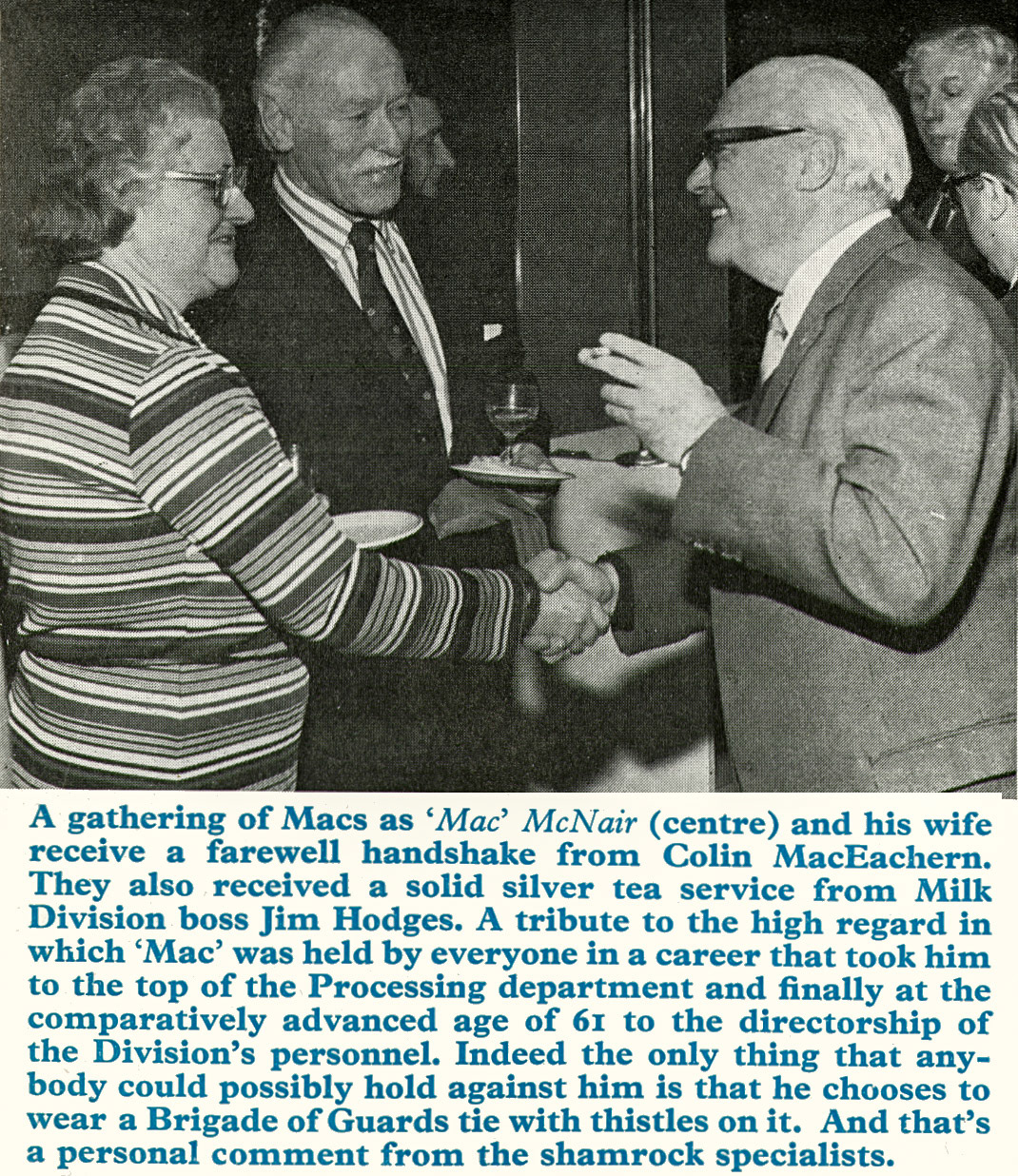 1975 'Mac' McNair retires, shown here with his wife, receiving a farewell handshake from Colin MacEachern, and silver tea service from Jim Hodges. (Express News Spring)