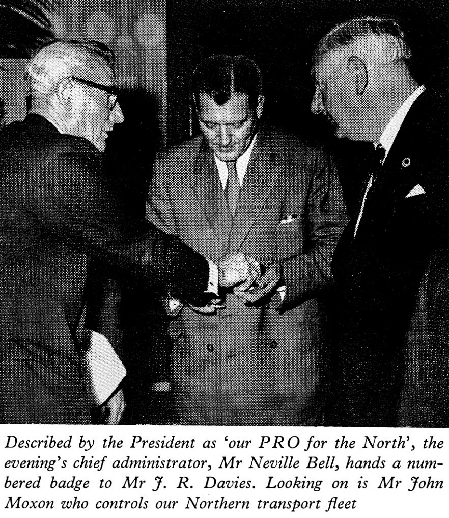 1961 Long Service Dinner at The Edinburgh Suite, Belle Vue, Manchester, Mr Neville Bell, Mr J.R. Davies and John Moxon (Transport Director). (LSA Annual Review)