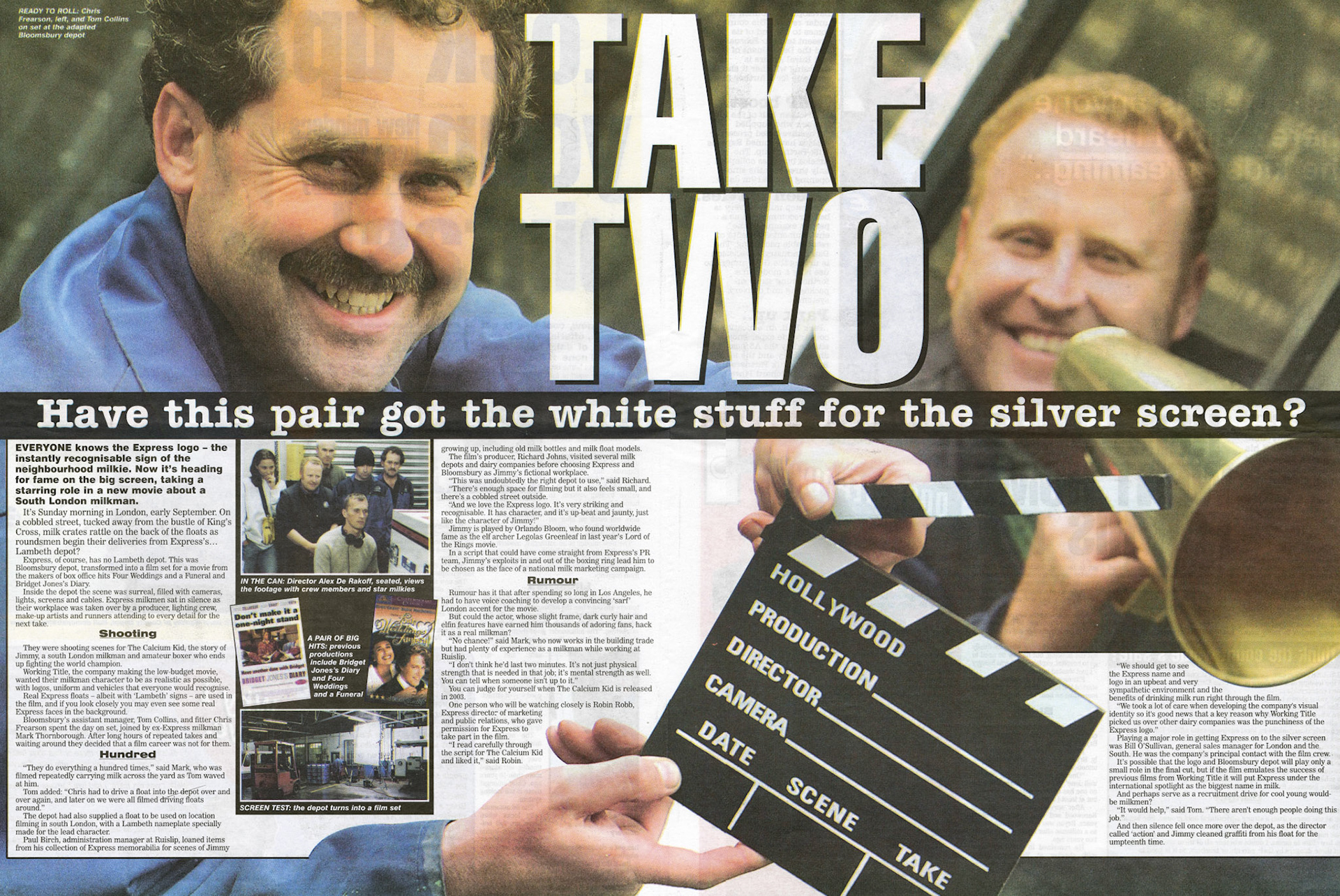 2002 Bloomsbury milkmen Chris Frearson and Tom Collins appear in 'The Calcium Kid' which featured an imaginary 'Lambeth' Depot. Robert Mitchener comments "I remember when they were filming there, I was at that depot. Chris and Tom were the nicest people you could meet, and Bill the yard man." (Express News December, courtesy Paul Luke)