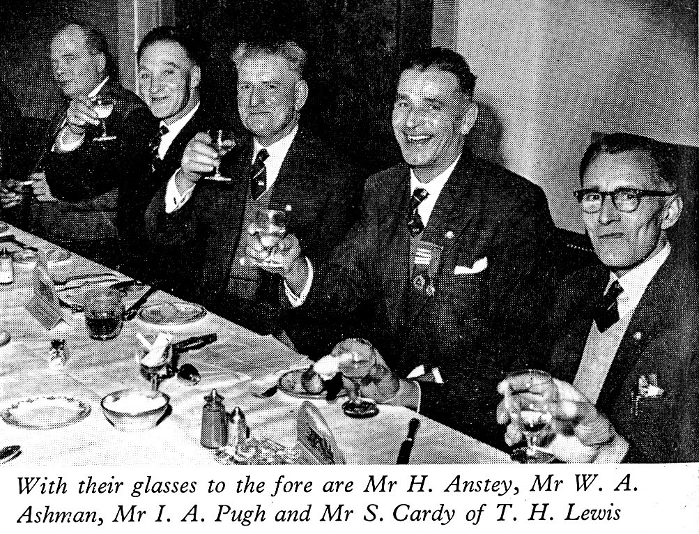 1961 Long Service Dinner at Fortt's Restaurant, Bath, with Mr S. Cardy (T.H. Lewis) and Frome staff Mr H. Anstey, Mr W.A. Ashman, and Mr I.A.Pugh. (LSA Annual Review)