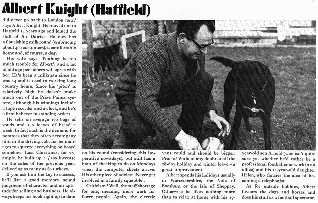 1969 Albert Knight, Hatfield. Express News article profiling milkmen from different depots (Express News-Spring)