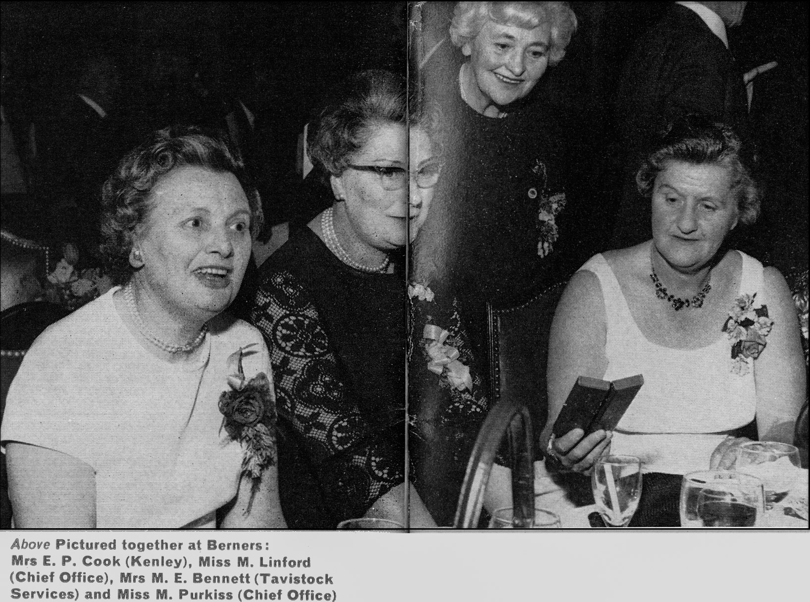 1967 Mrs E.P. Cook (Kenley), Miss M. Linford (Chief Office), Mrs M.E. Bennett (Tavistock Services) and Miss M. Purkiss (Chief Office) attend Long Service Dinner at the Berners Hotel. Hilary Mccluskey comments "My goodness, there’s a blast from the past! Mrs Cook was the lovely Chief Clerk at Kenley Depot. One of her clerks had hearing problems, and Mrs Cook was extremely patient and always made her part of the office team. Miss Lindford was the Area Supervisor when we sold our business (Bowyers Dairy) to Express. She arrived on Day one of the takeover and her main concern was to get our Office Staff to wear Express Dairy overalls! I can confirm that that I NEVER did! Miss Purkiss succeeded Miss Lindford as Area Supervisor and was a breath of fresh air. I am certain that we were not easy to deal with having come from a Family Business. Chris Austen adds "You will also remember that Miss Purkiss was my Area Clerical Supervisor!" (Express News Summer)