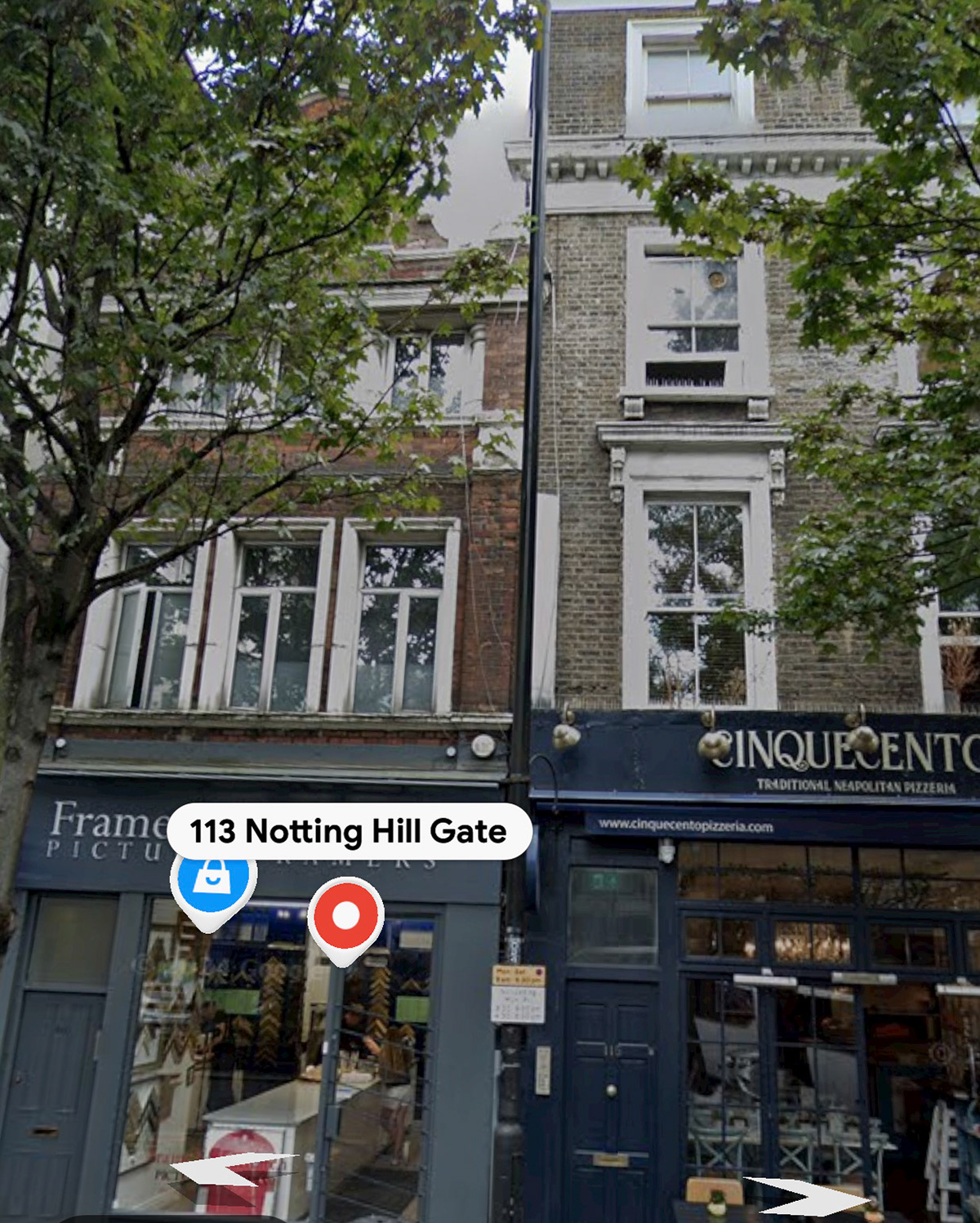 2024 Location of Notting Hill Gate shop at 113 Notting Hill Gate ('Frame Set &amp; Match picture framers), on the left of the picture is  the Coronet theatre and dance school. (Courtesy Google Street View)