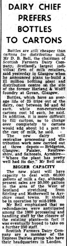 1967 Denis Bell announces the new Govan Dairy. (Courtesy The Scotsman - Wednesday 13 December)