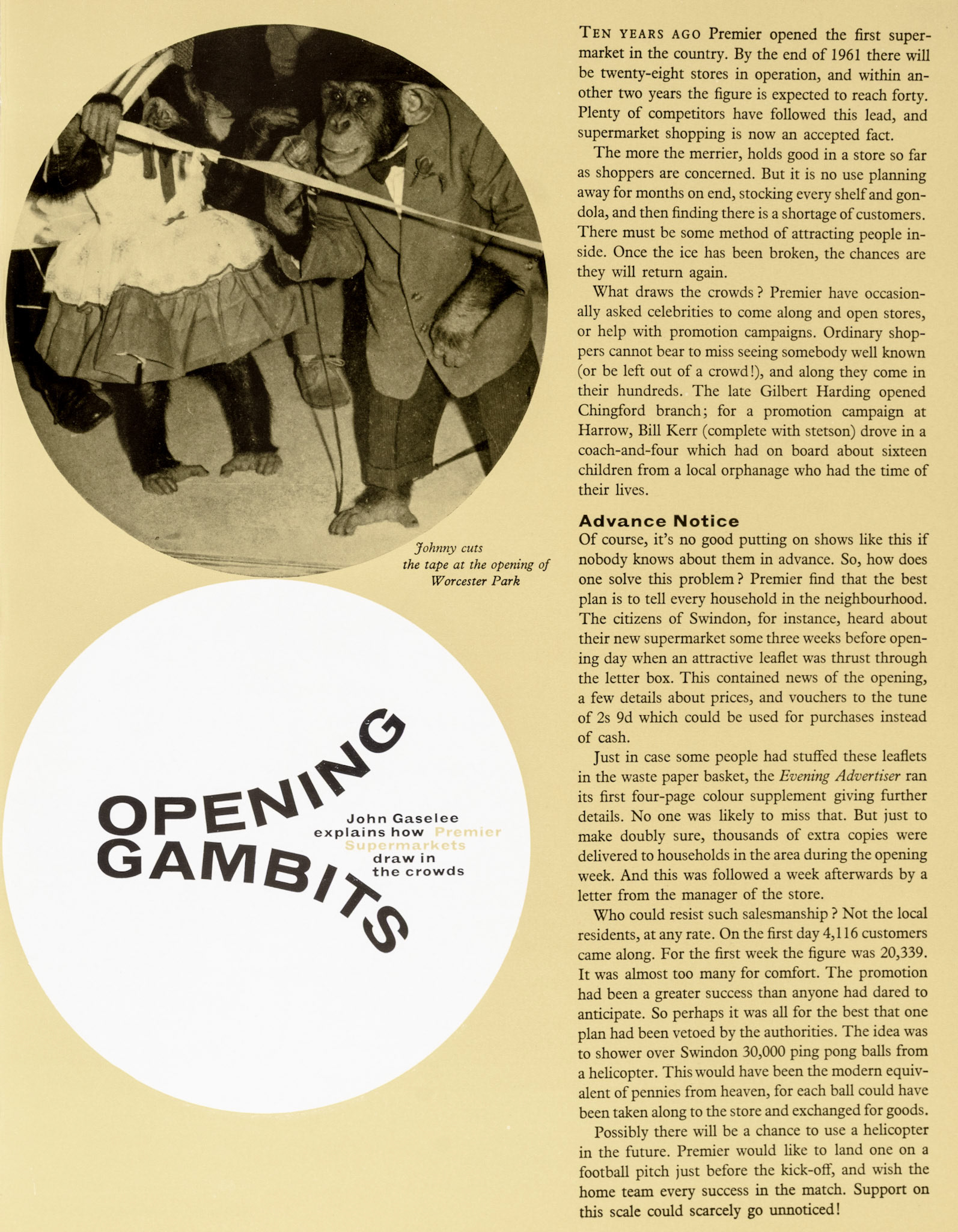 1961 Premier Supermarkets now has 28 stores, with 40 expected by 1963. This article feature publicity ideas for store openings. (Express News Autumn)
