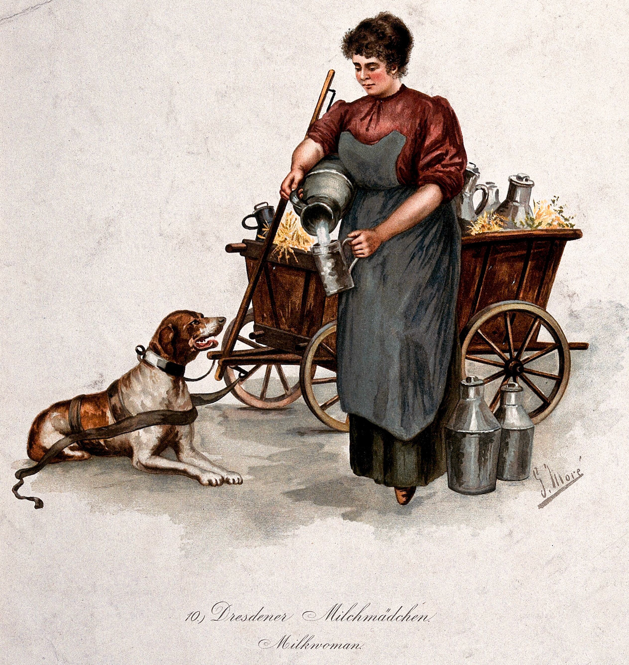 1895 A milkmaid in Dresden pouring milk from a churn into a large mug for the dog who is yoked to the cart carrying milk churns. Colour process print after G. Moré. (Courtesy Wellcome Collection "Milkmaids and the image of purity")