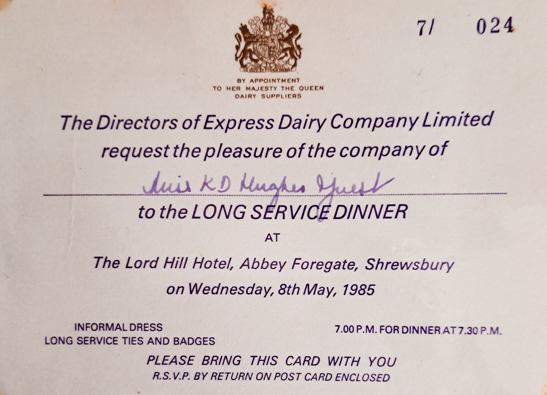 1985 Long Service Dinner invitation for Whittington (Courtesy Kim Griffiths)