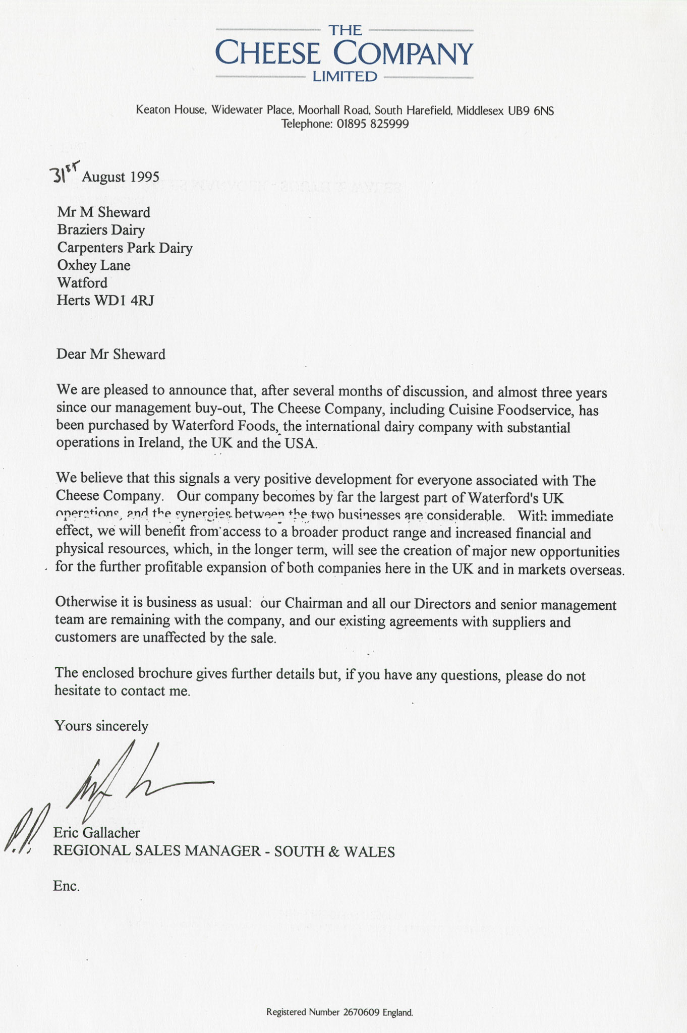 1995 Letter from Eric Gallacher, Express Regional Sales Manager-South and Wales to Brazier's informing them about the purchase of the The Cheese Company, including Cuisine Foodservice, by Waterford Foods. (Courtesy Paul Luke)