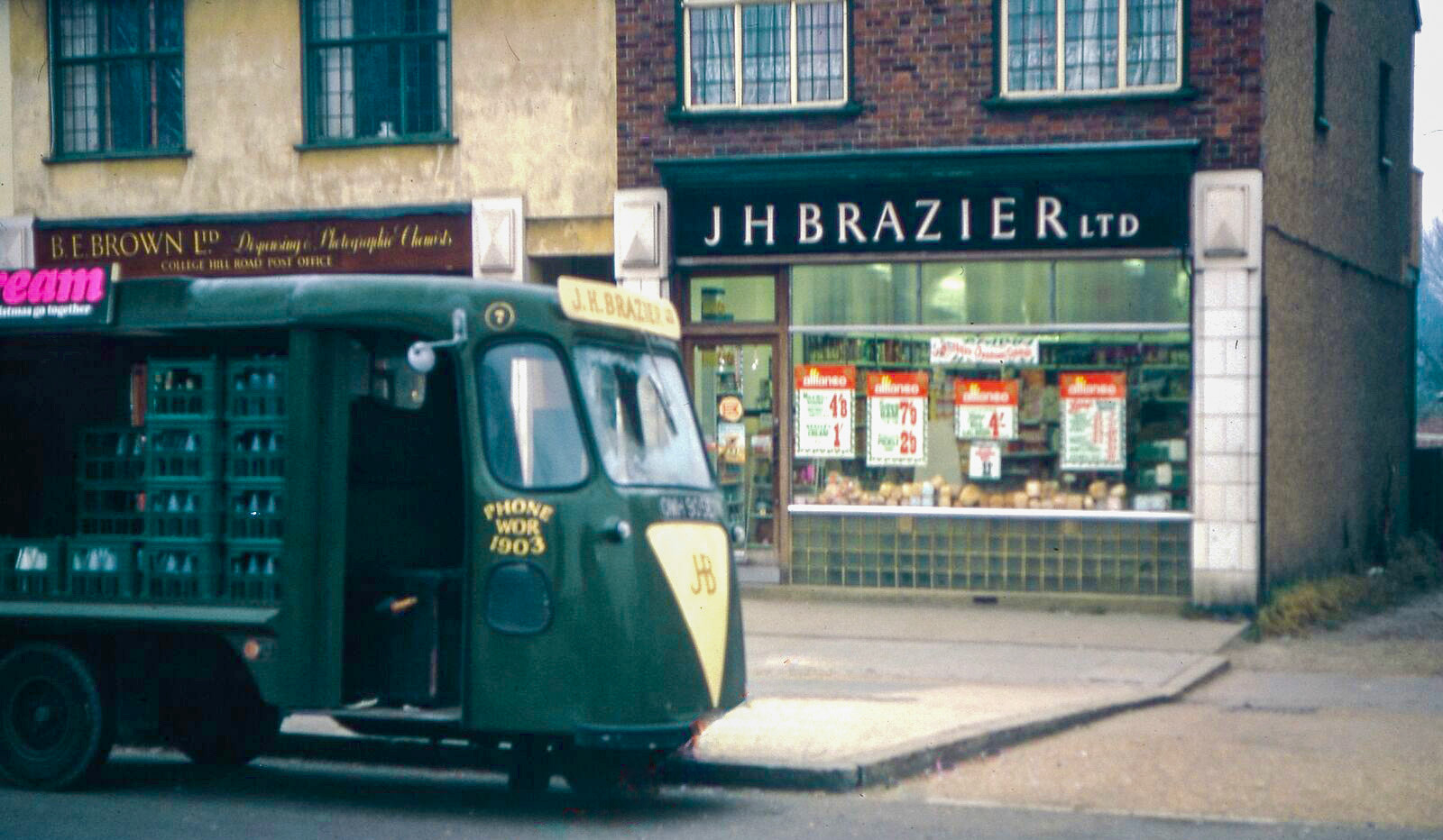 1969 Braziers Dairy - Kenton Lane. Graham Parker comments "We used to live in the flat above, I remember the year when there was loads and loads of Snow, and playing in the Pub's carpark. We moved later to the shop in Kenton Park Parade." Alison Riddell adds "The shop next door says College Hill Road… I lived in Tenby Avenue and Braziers dairy was at the bottom of our garden in Kenton Lane. We used to watch the cows graze and the hay being harvested. Later we visited the milk bottling plant. Happy memories." (Courtesy Steve Kirby, submitted by Terry Trainor)