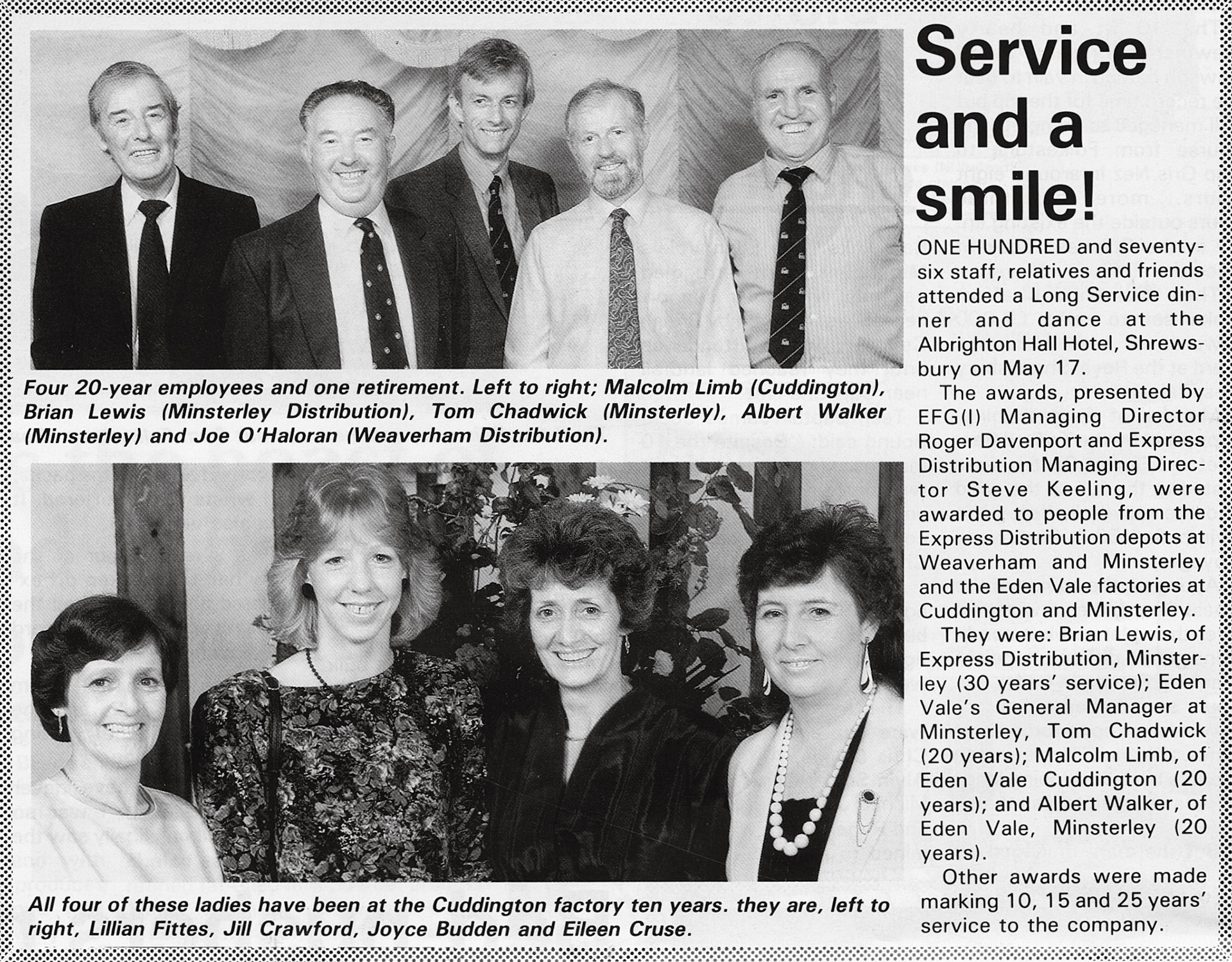 1989 Cuddington, Minsterley and Weaverham Disstribution staff awards for long service