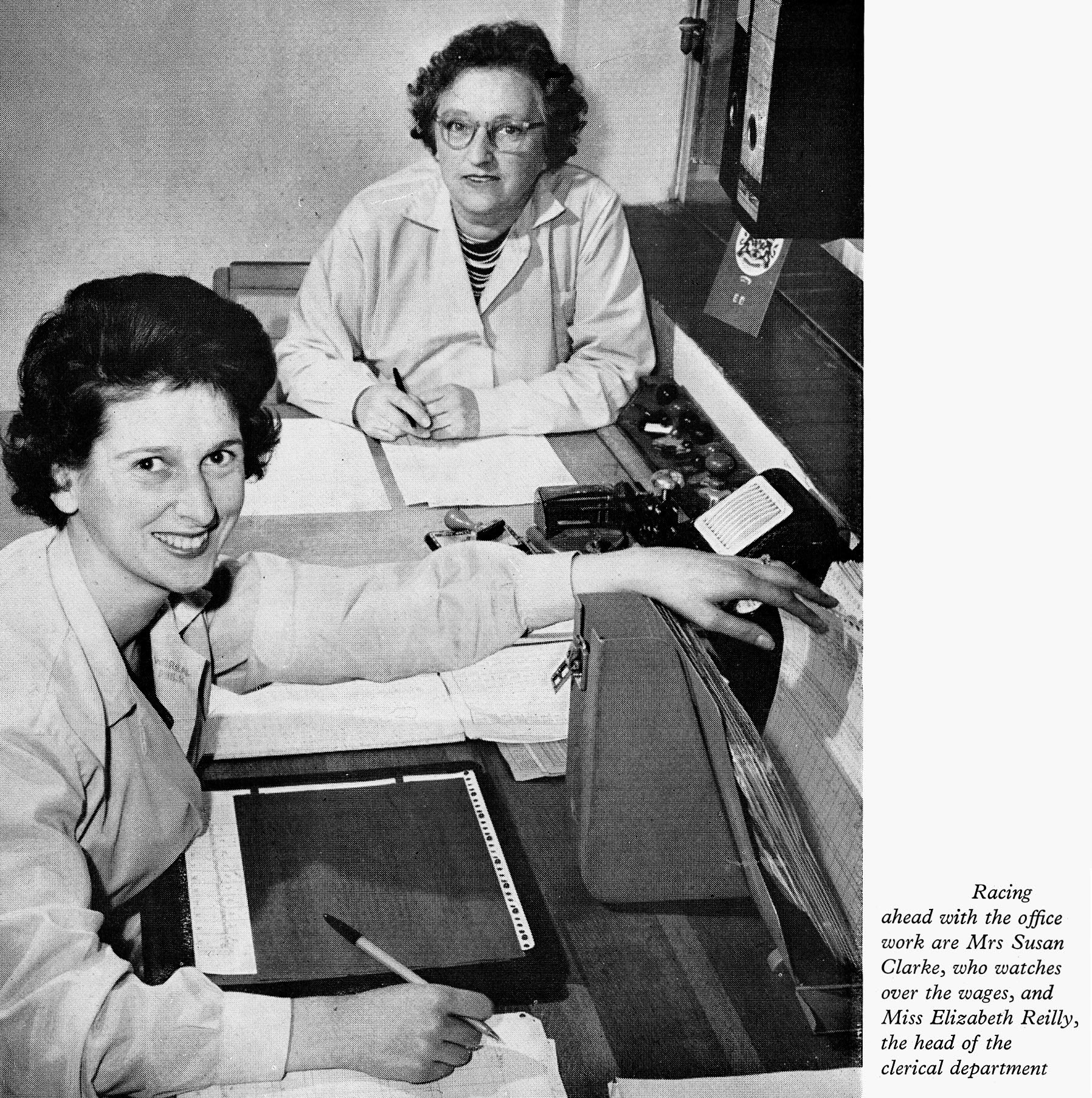 1962 Wirral Milk Supplies office head Elizabeth Reilly with Susan Clarke, wages clerk.