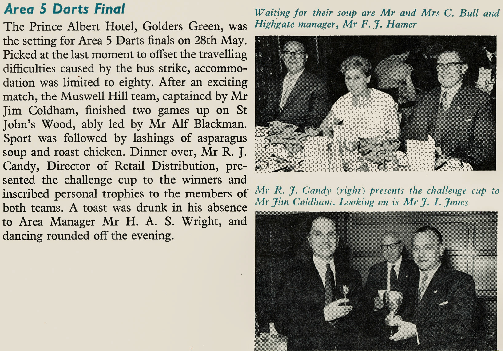 1958 Darts Final at the Prince Albert Hotel, Golders Green won by Muswell Hill over St John's Wood. (Express News July)